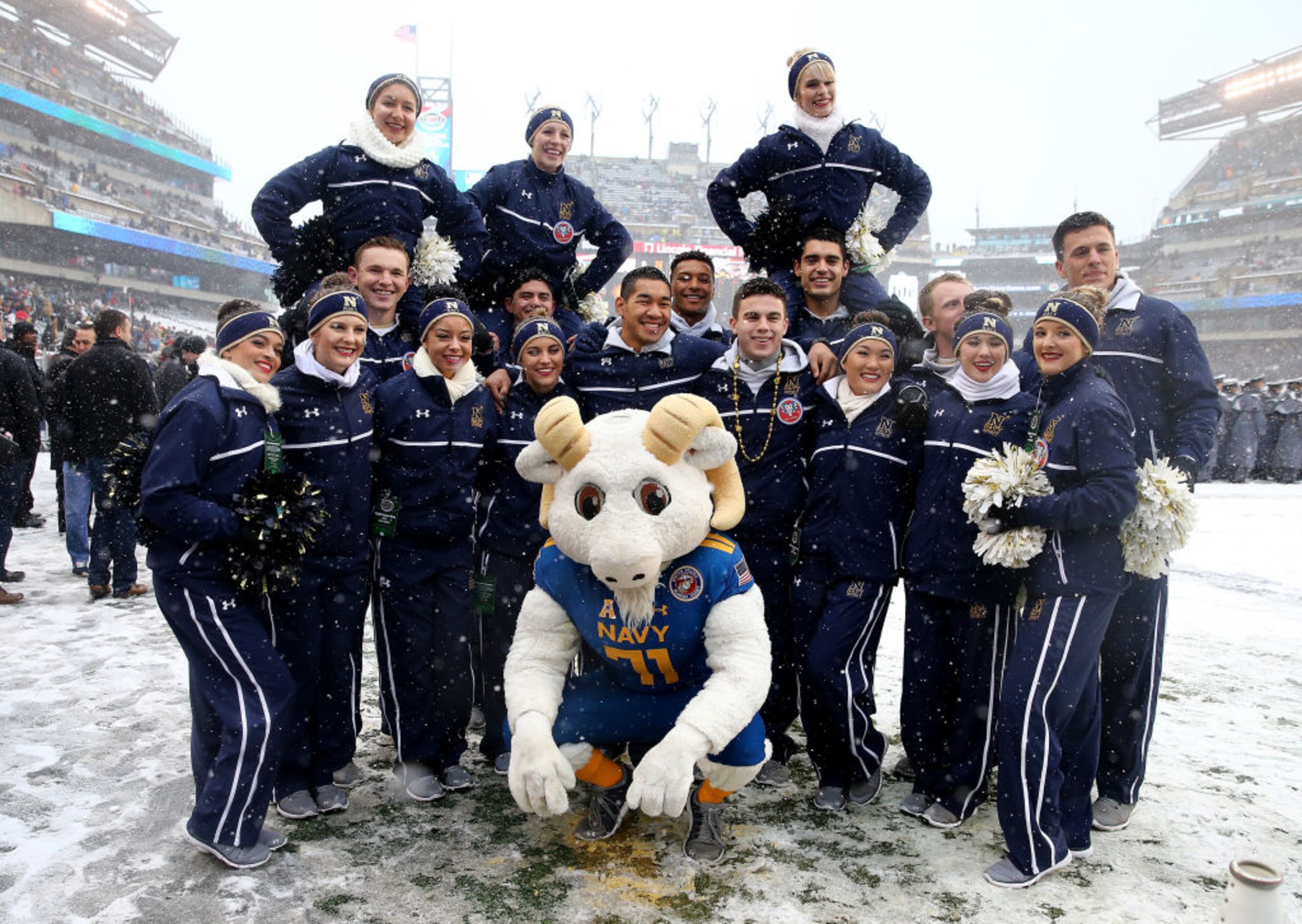 PHILADELPHIA, PA - DECEMBER 09: The Navy Midshipmen cheer squad poses for a picture before the game between the Army Black Knights and the Navy Midshipmen on December 9, 2017 at Lincoln Financial Field in Philadelphia, Pennsylvania. (Photo by Elsa/Getty Images)