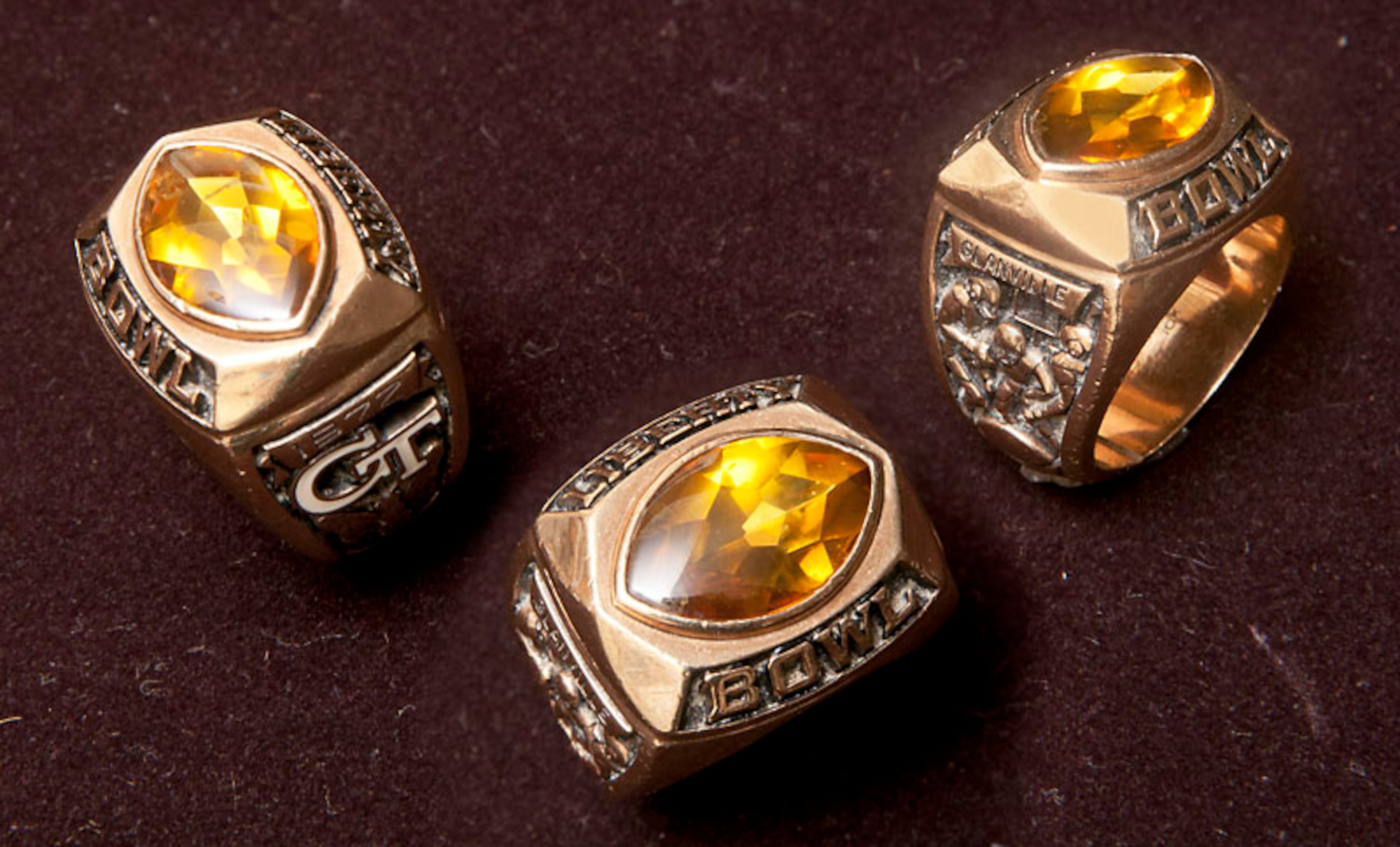 Jerry Glanville's ring from the 1972 Liberty Bowl, while a member of Georgia Tech's coaching staff is up for sale. The lot includes rings from various bowl games and NFL mementos. Donna Davis Estate Sales in Dawsonville is handling the sale, which is open to the public from May 15 to May 17.