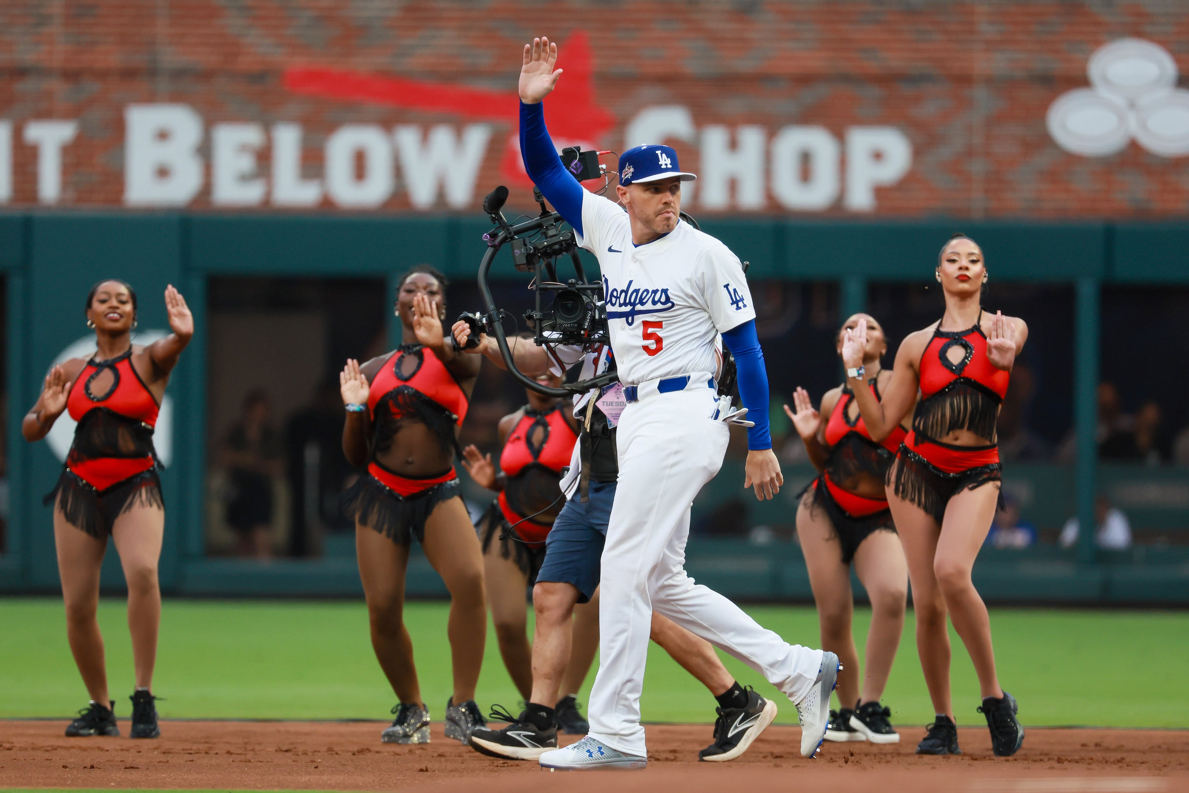 Former Atlanta Braves player Freddie Freeman of the Los Angeles Dodgers is introduced at the MLB All-Star Game at Truist Park in Atlanta on Tuesday, July 15, 2025. (Jason Getz/AJC)