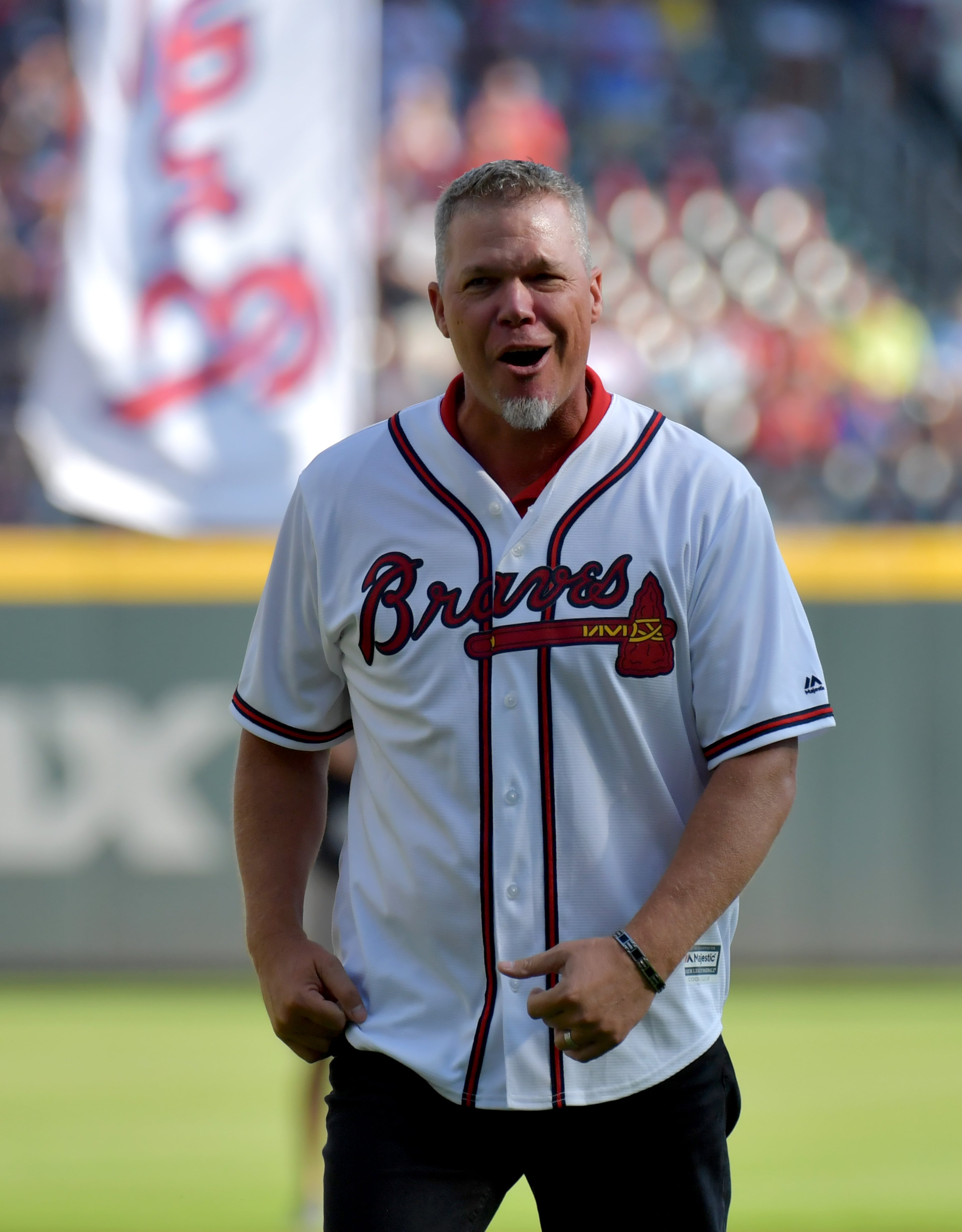 Former Atlanta Braves third baseman Chipper Jones reacts after throwing out the ceremonial pitch before their game against the St. Louis Cardinals in Game 1 of the best-of-five National League Division Series at SunTrust Park on Thursday, October 3, 2019. (Hyosub Shin / Hyosub.Shin@ajc.com)