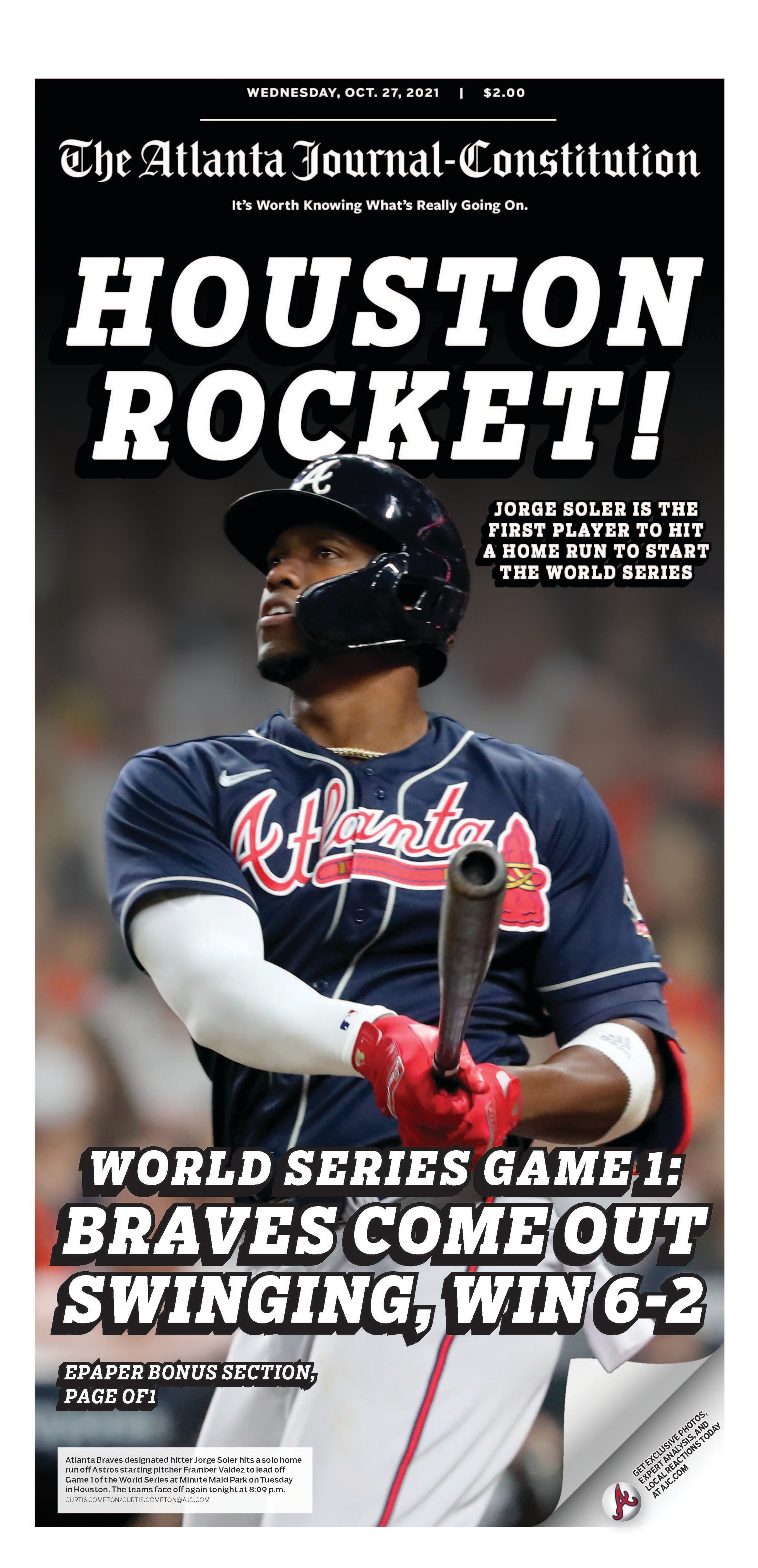 ‘Houston Rocket!’ – Atlanta Braves World Series section in Wednesday Atlanta Journal-Constitution ePaper - Oct. 27 2021