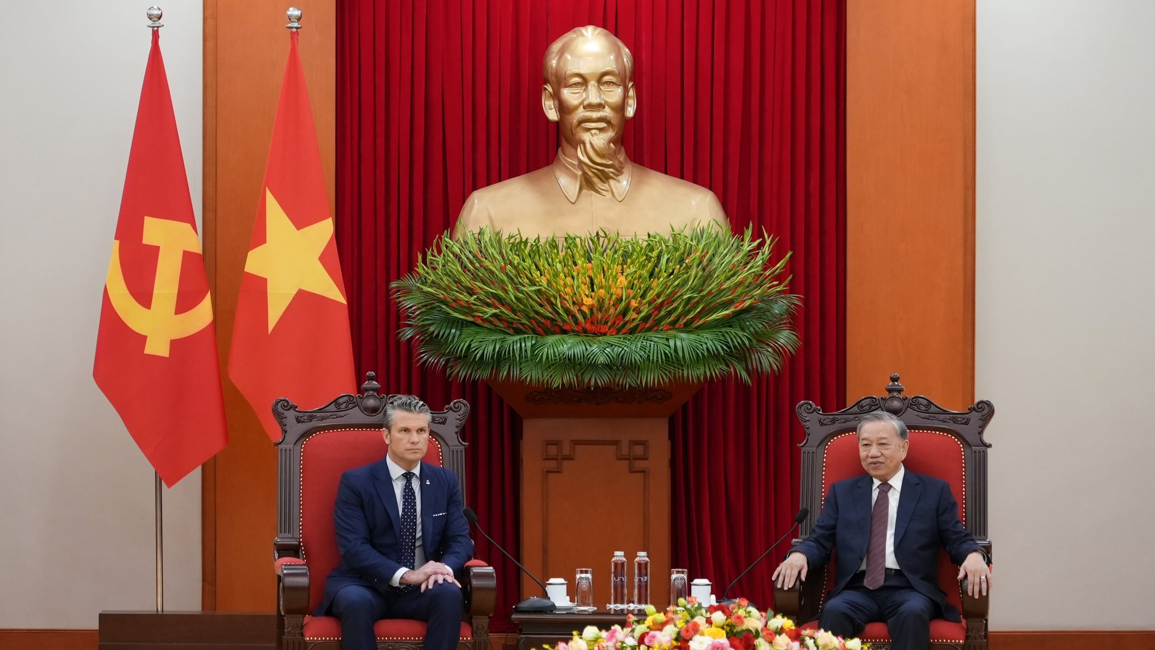 FILE - U.S. Defense Secretary Pete Hegseth, left, and General Secretary of Vietnam's Communist Party To Lam talk during a meeting in Hanoi, Vietnam, Nov. 2, 2025. (AP Photo/Hau Dinh, File)