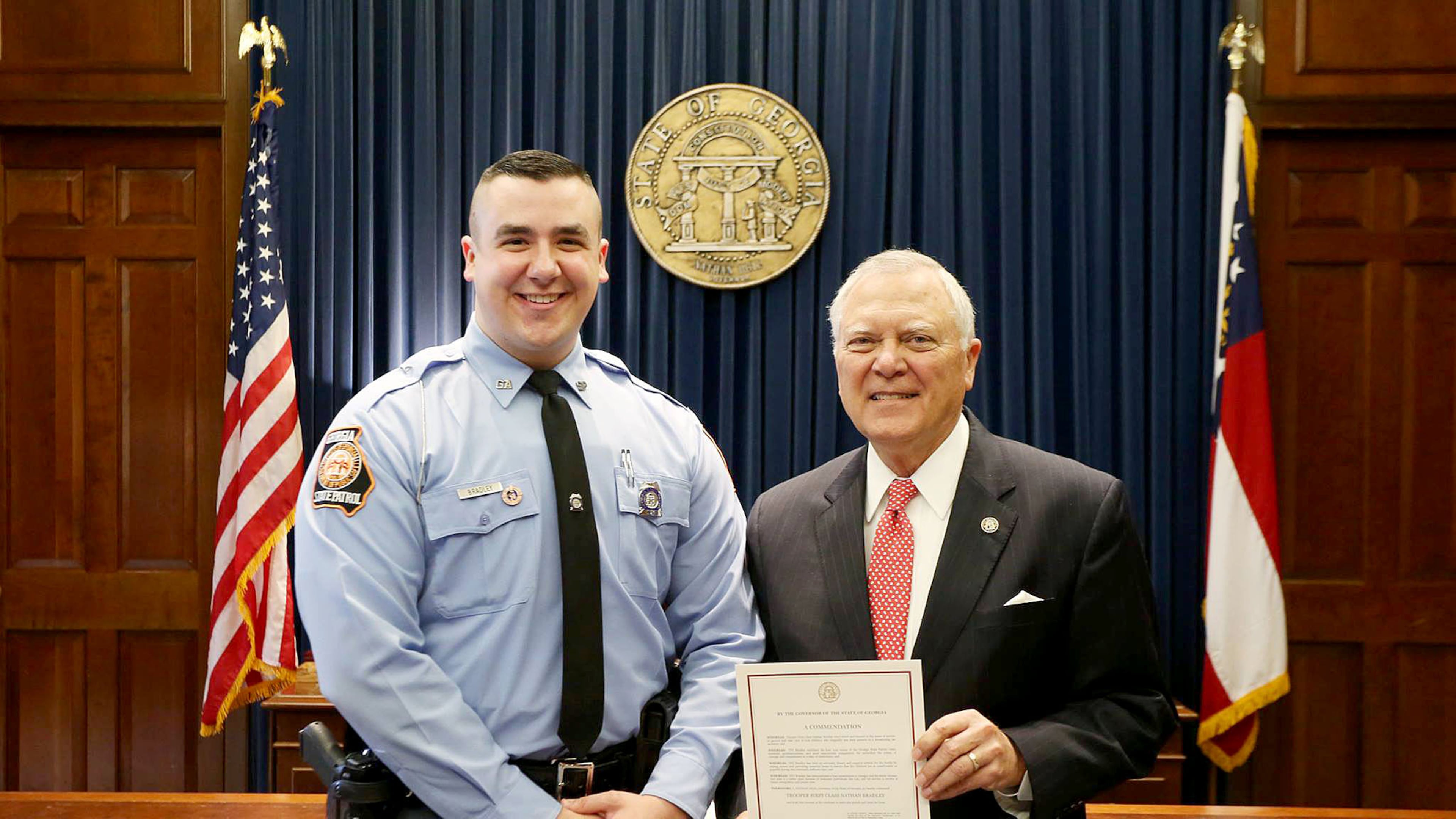 Trooper First Class Nathan Bradley was honored Thursday by Gov. Nathan Deal. (Photo: Governor’s Office)