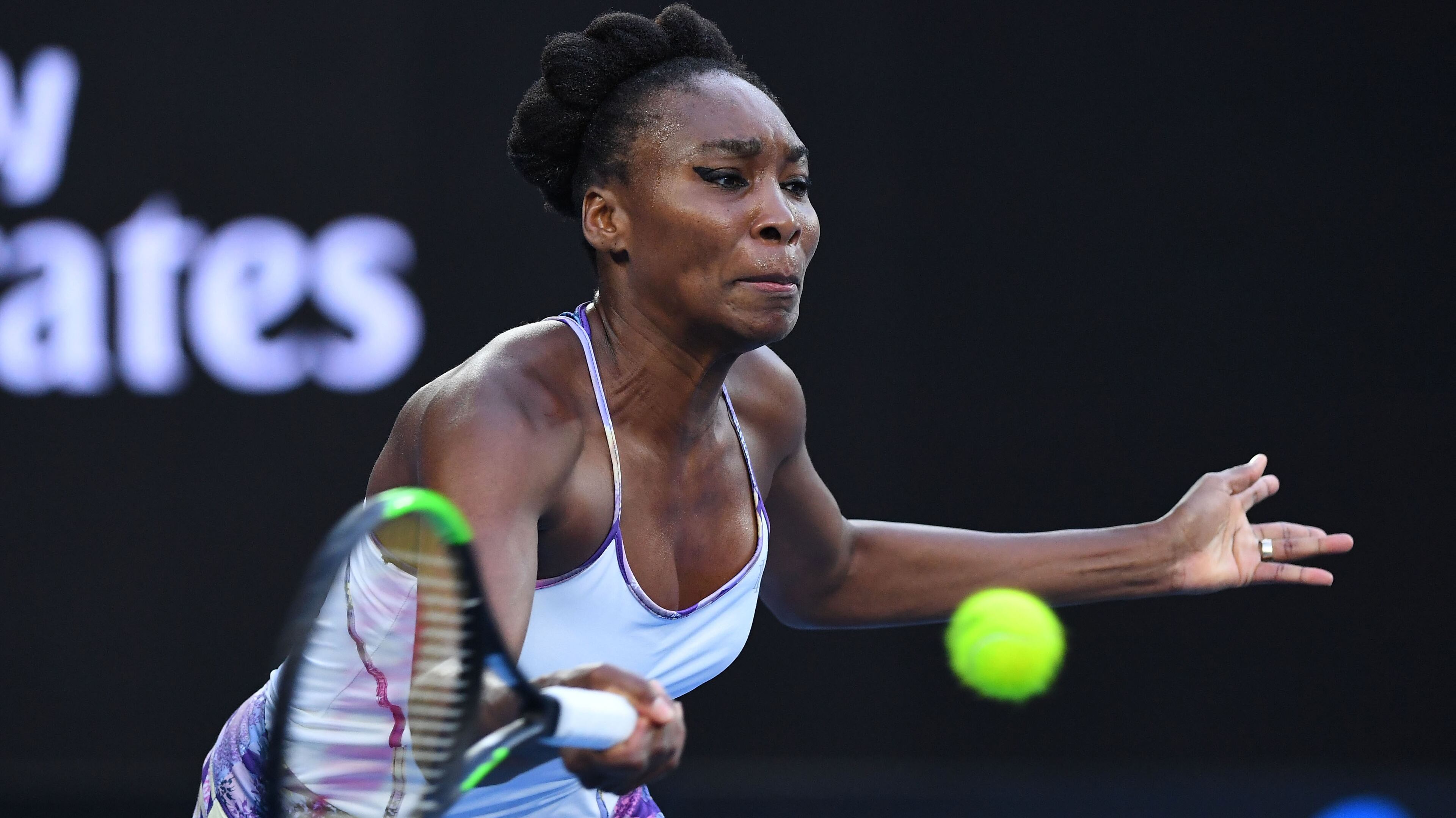 Venus Williams of the United States plays a forehand in her Women's Singles Final match against Serena Williams on day 13 of the 2017 Australian Open at Melbourne Park on Jan. 28, 2017 in Melbourne, Australia.