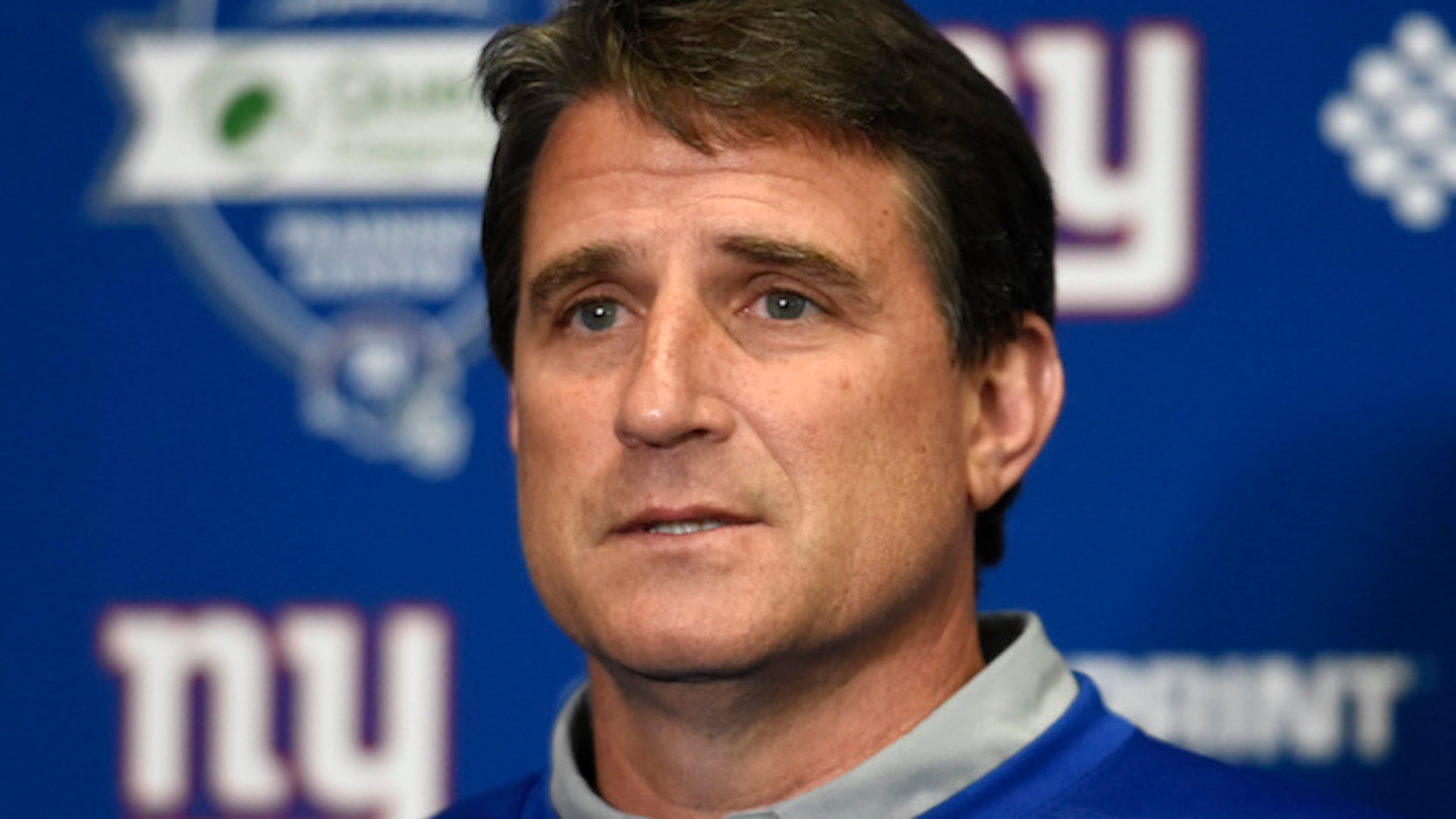 New York Giants offensive coordinator Mike Shula speaks to the media in the training center in East Rutherford, NJ on Wednesday, April 4, 2018.