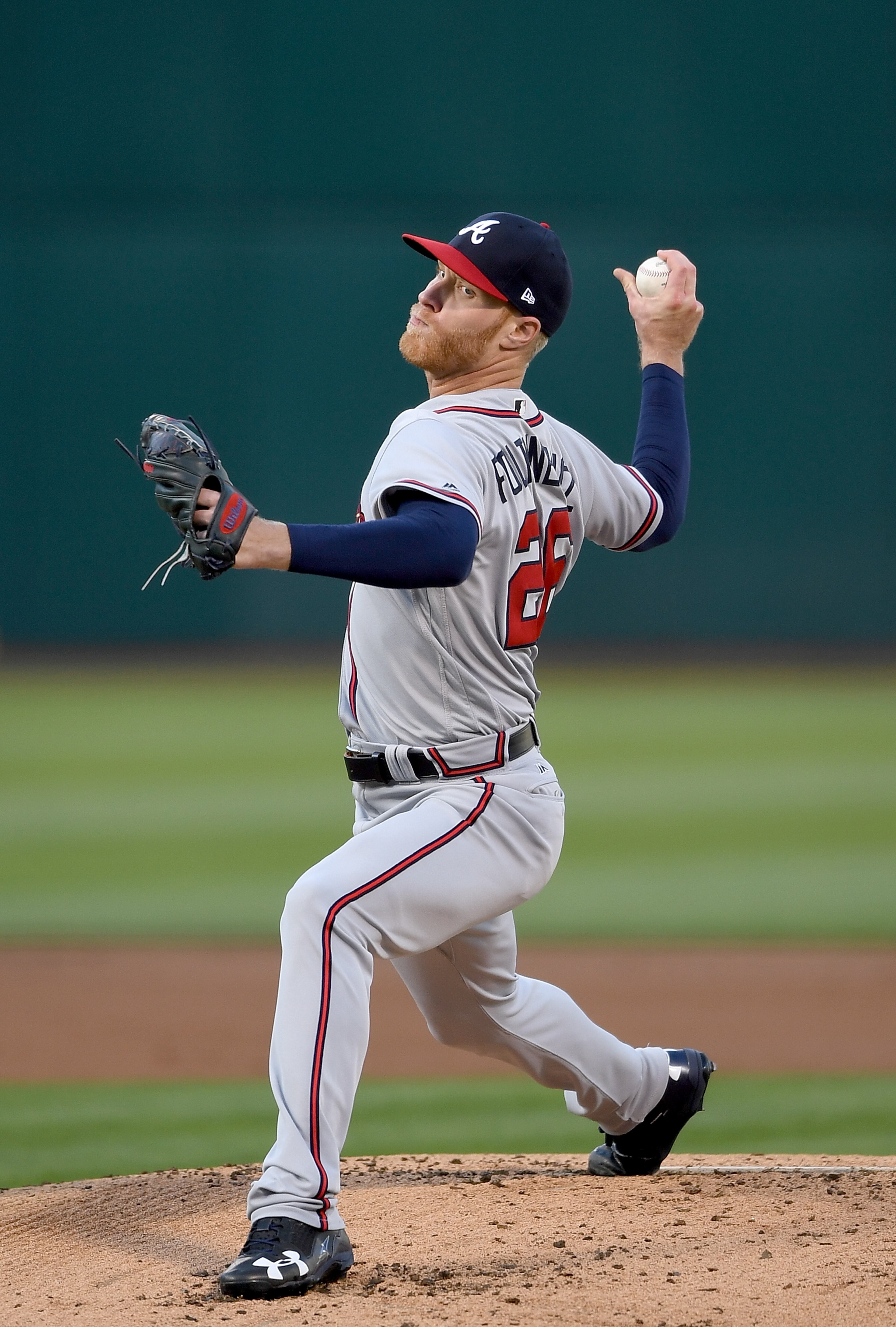 OAKLAND, CA - JUNE 30: Mike Foltynewicz #26 of the Atlanta Braves pitches against the Oakland Athletics in the bottom of the first inning at Oakland Alameda Coliseum on June 30, 2017 in Oakland, California. (Photo by Thearon W. Henderson/Getty Images)