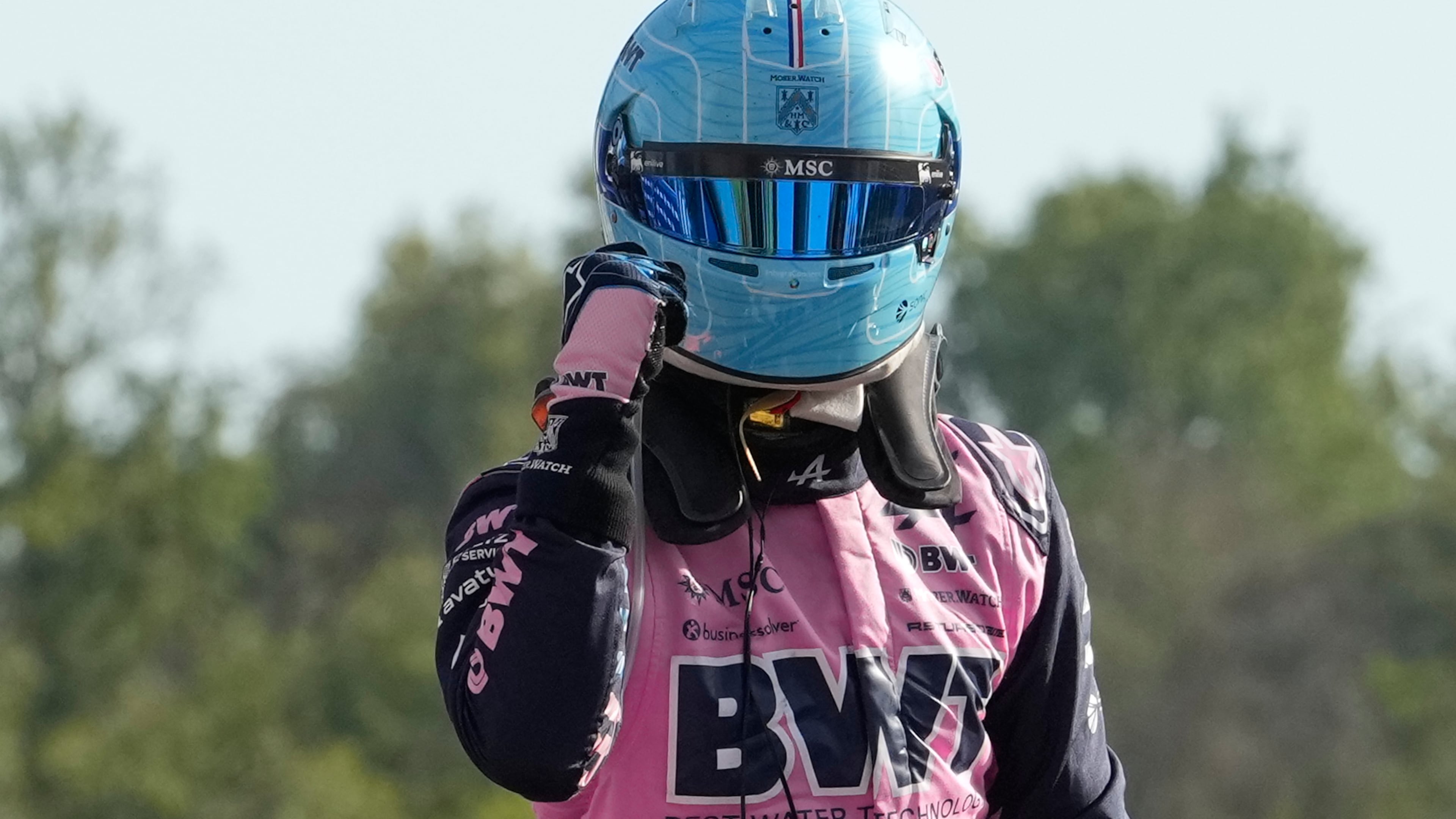 Alpine driver Pierre Gasly of France celebrates his pole position after the qualifying session ahead of the Italian Formula One Grand Prix, in Monza, Italy, Saturday, Sept. 5, 2026. (AP Photo/Luca Bruno)