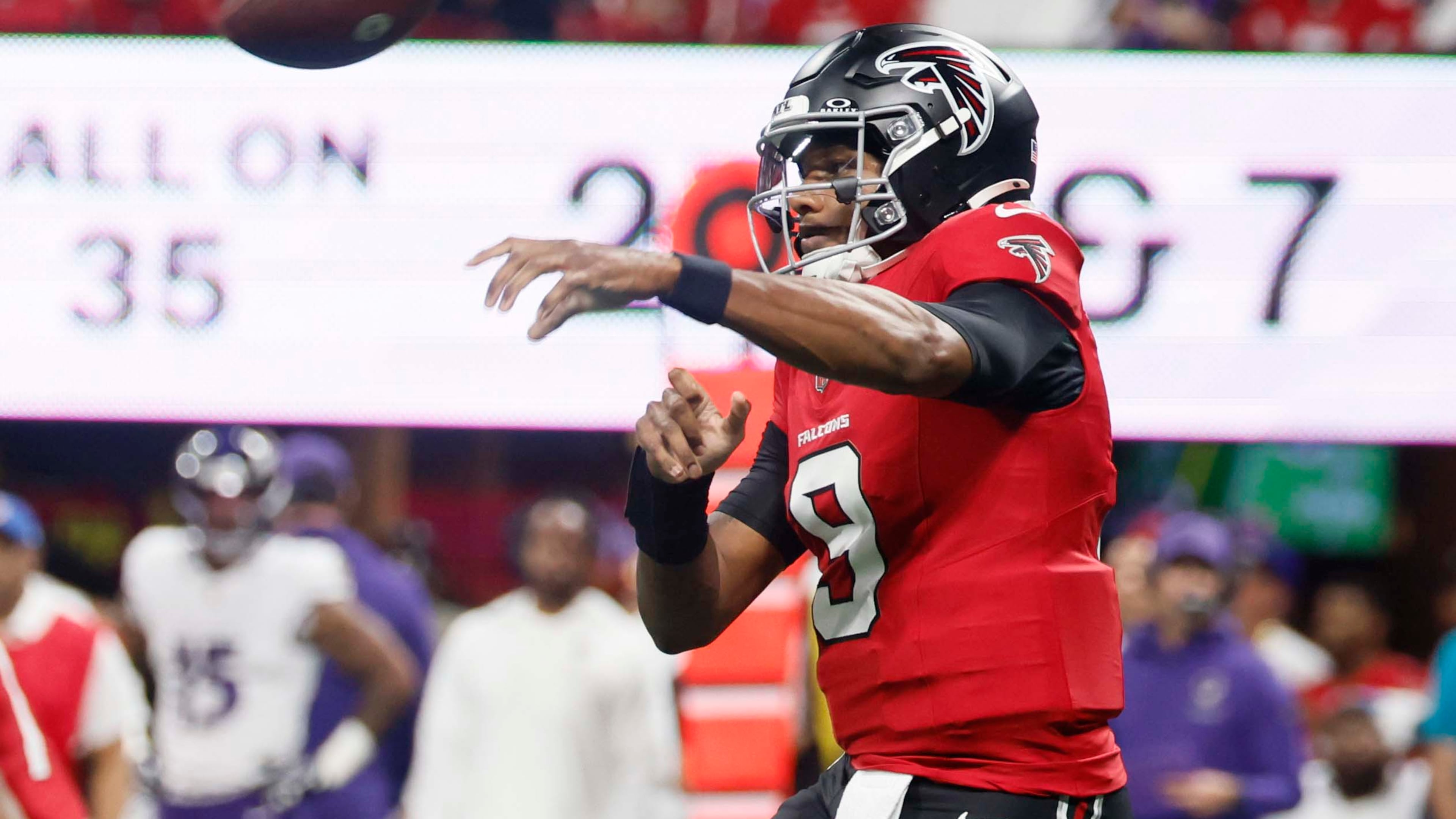 Atlanta Falcons quarterback Michael Penix Jr. (9) throws a pass in the first half of a game against the Baltimore Ravens at Mercedes-Benz Stadium in Atlanta, GA, on Sunday, Oct. 11, 2026.
(Miguel Martinez/AJC)