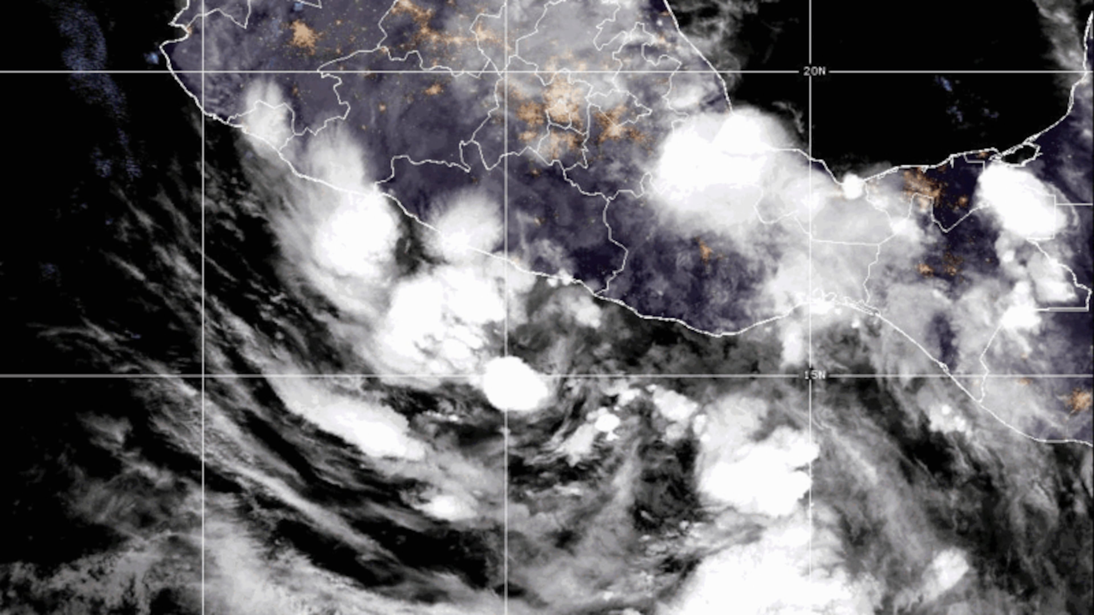 This satellite image provided by CIRA/NOAA, shows Tropical Storm Boris forming just off the coast of Guerrero Mexico, on Monday, June 8, 2026. (CIRA/NOAA via AP)