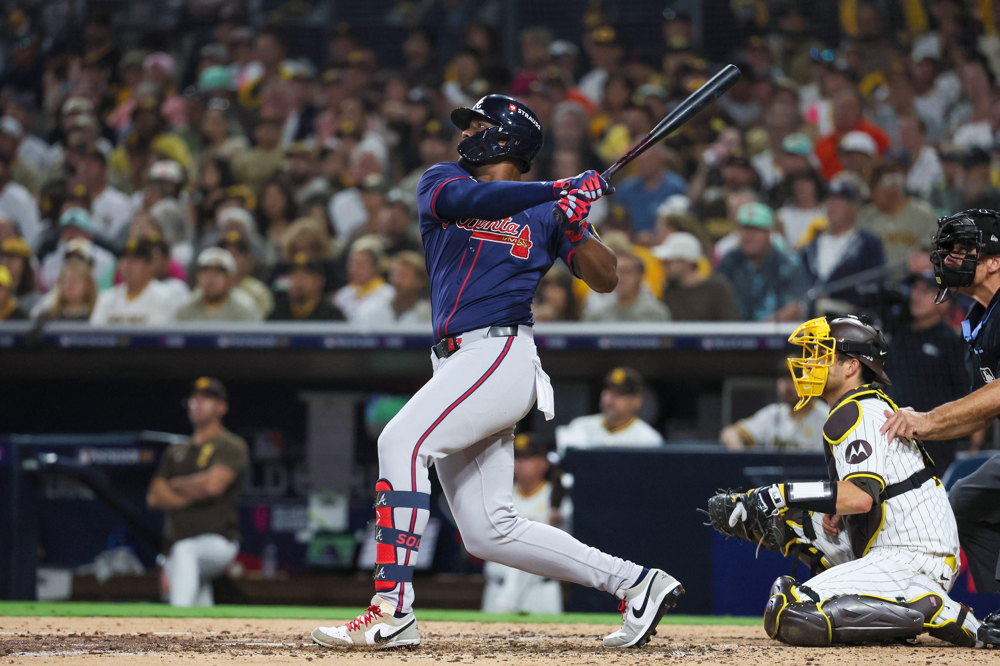 Atlanta Braves outfielder Jorge Soler hits a solo homer against the San Diego Padres during the fifth inning of National League Division Series Wild Card Game Two at Petco Park in San Diego on Wednesday, Oct. 2, 2024. (Jason Getz / Jason.Getz@ajc.com)