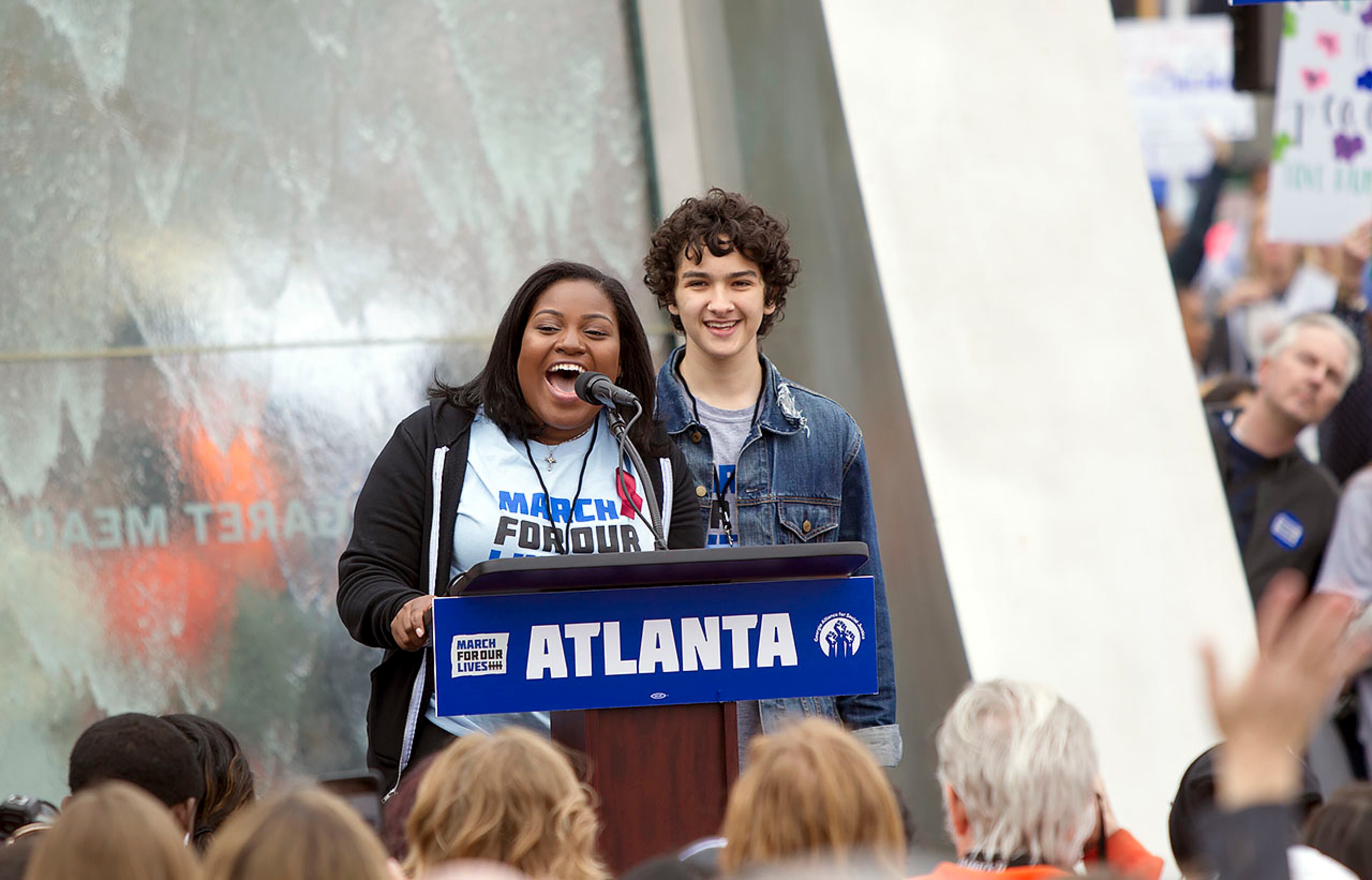 Emcees Jennia Taylor and Royce Mann kickoff the March for our Lives event in Atlanta, Georgia, on Saturday, March 24, 2018. (REANN HUBER/REANN.HUBER@AJC.COM)