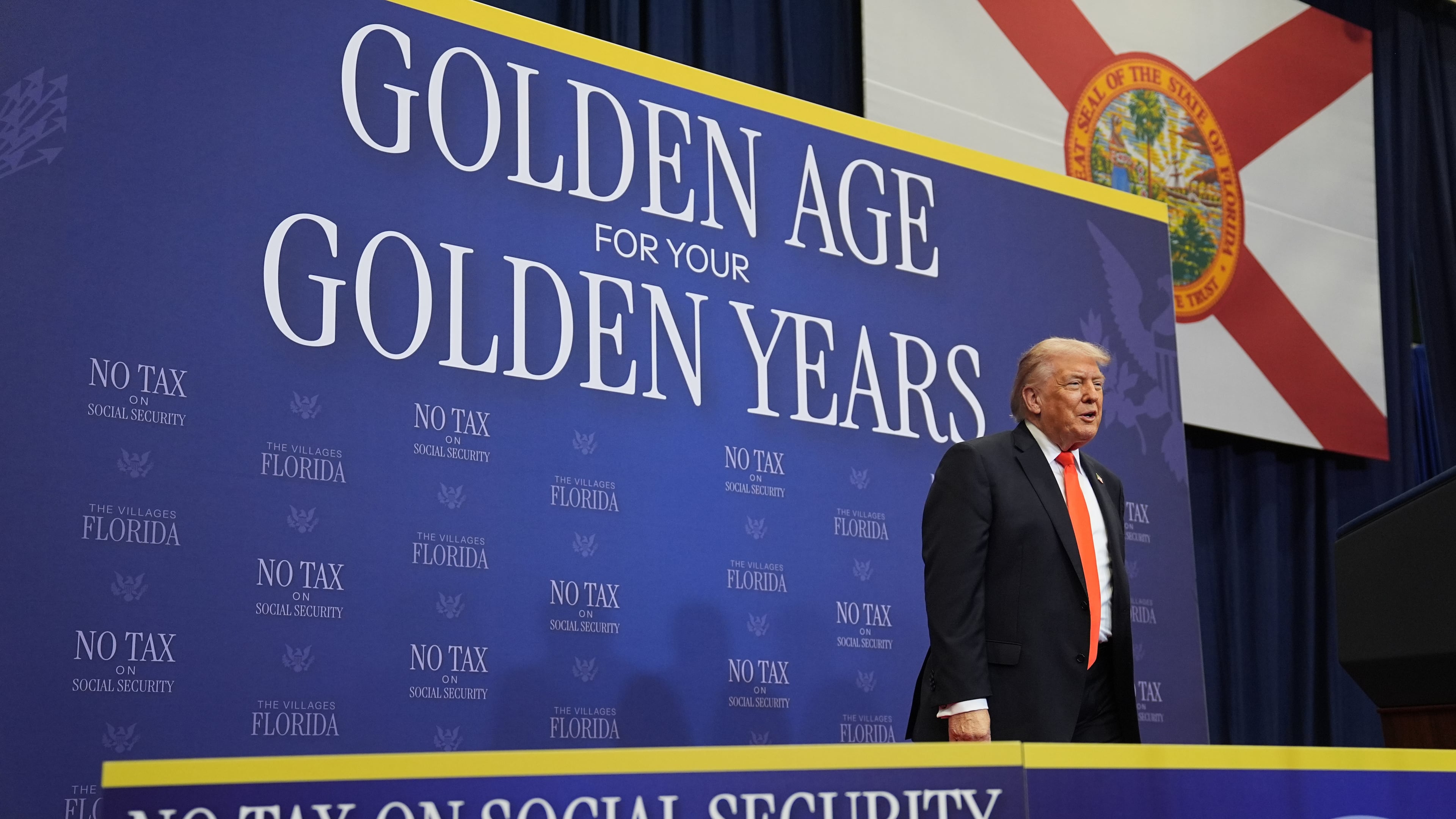 President Donald Trump arrives to speak at a charter school in The Villages, Fla., Friday, May 1, 2026. (AP Photo/Matt Rourke)