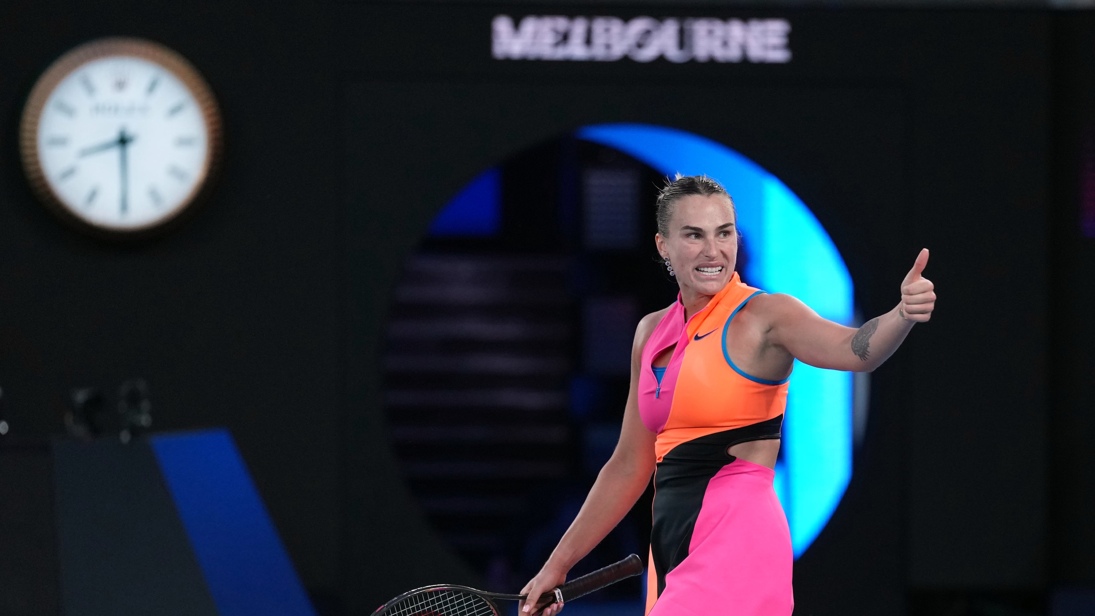 Aryna Sabalenka of Belarus reacts during her semifinal match against Elina Svitolina of Ukraine during their semifinal match at the Australian Open tennis championship in Melbourne, Australia, Thursday, Jan. 29, 2026. (AP Photo/Dita Alangkara)