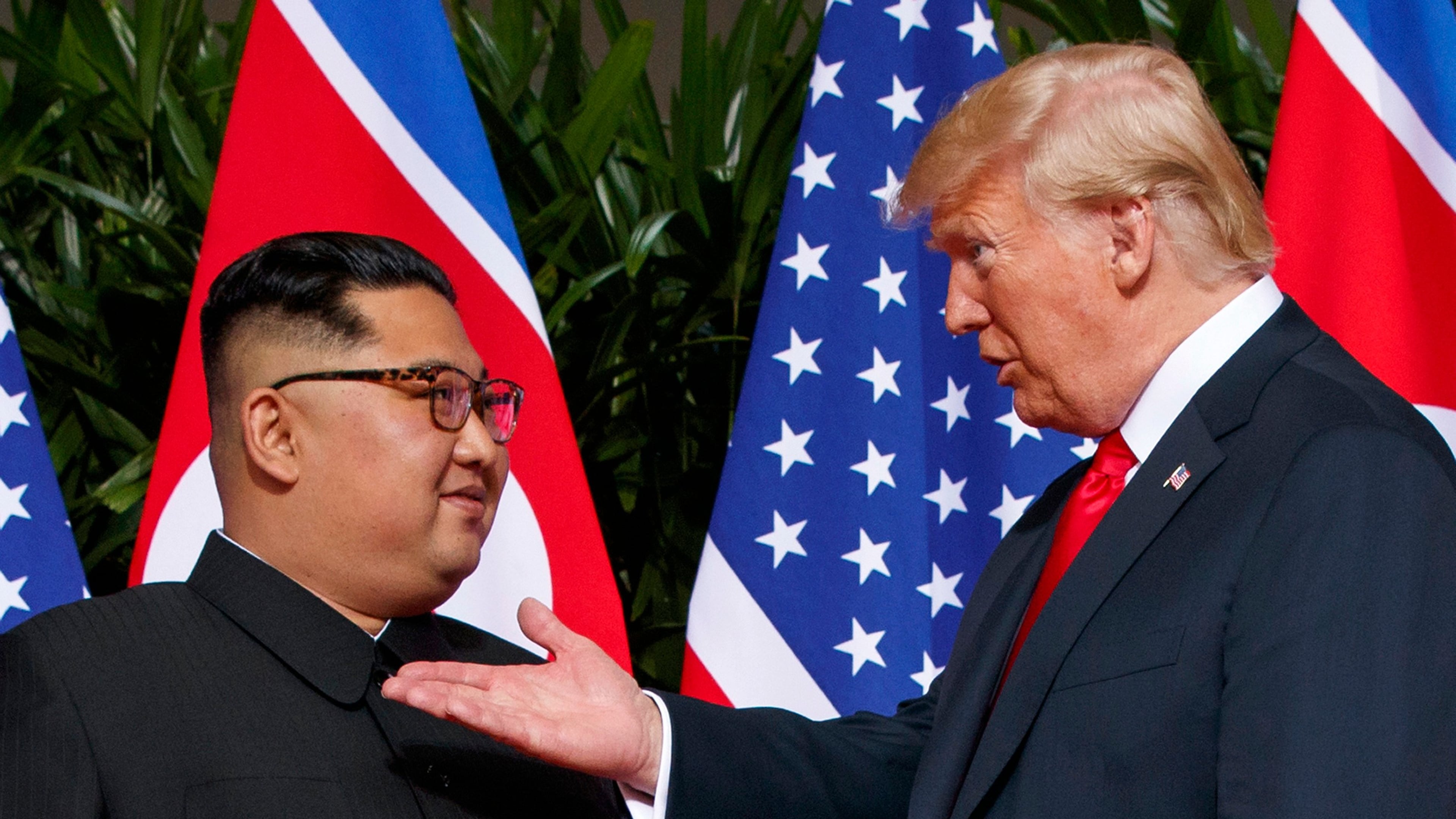 FILE - U.S. President Donald Trump, right, meets with North Korean leader Kim Jong Un on Sentosa Island in Singapore, on June 12, 2018. (AP Photo/Evan Vucci, File)