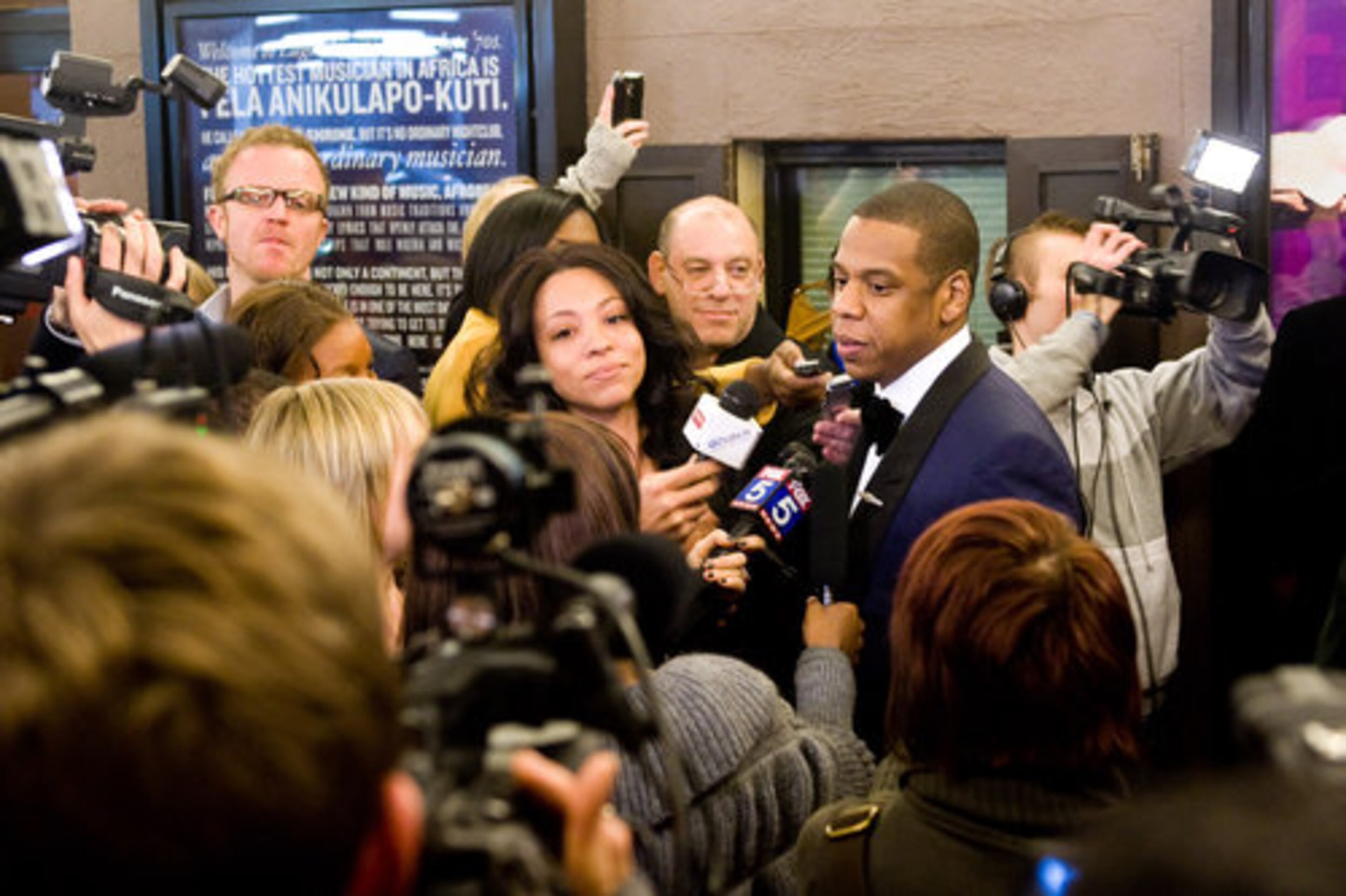 Jay-Z, co-presenter of the musical "Fela!," arrives at the opening night performance of the new Broadway show in New York, Monday, Nov. 23.