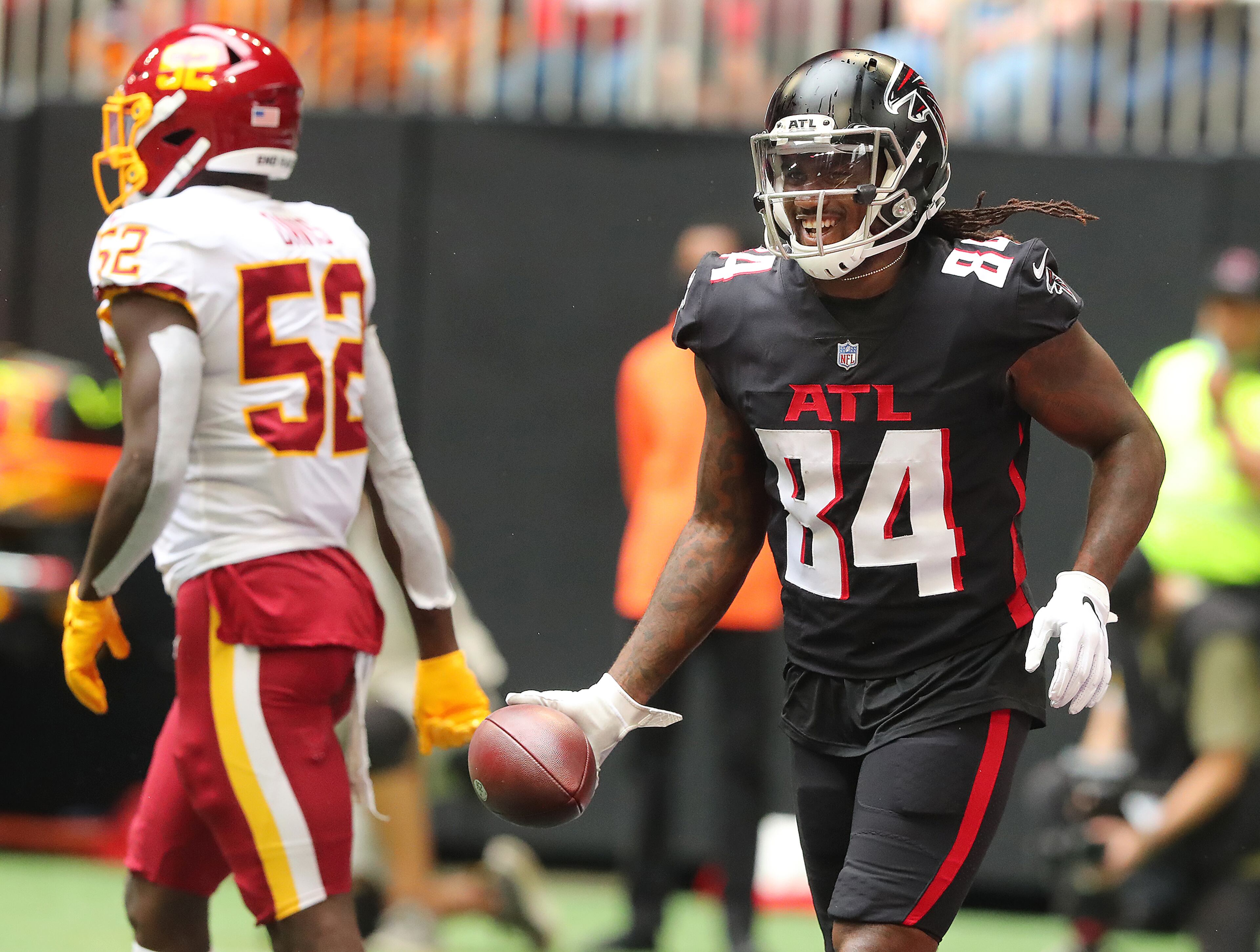 Falcons running back Cordarrelle Patterson reacts to catching a long touchdown pass from quarterback Matt Ryan to take a 10-0 lead over the Washington Football Team during the second quarter Sunday, Oct. 3, 2021, at Mercedes-Benz Stadium in Atlanta. (Curtis Compton / Curtis.Compton@ajc.com)