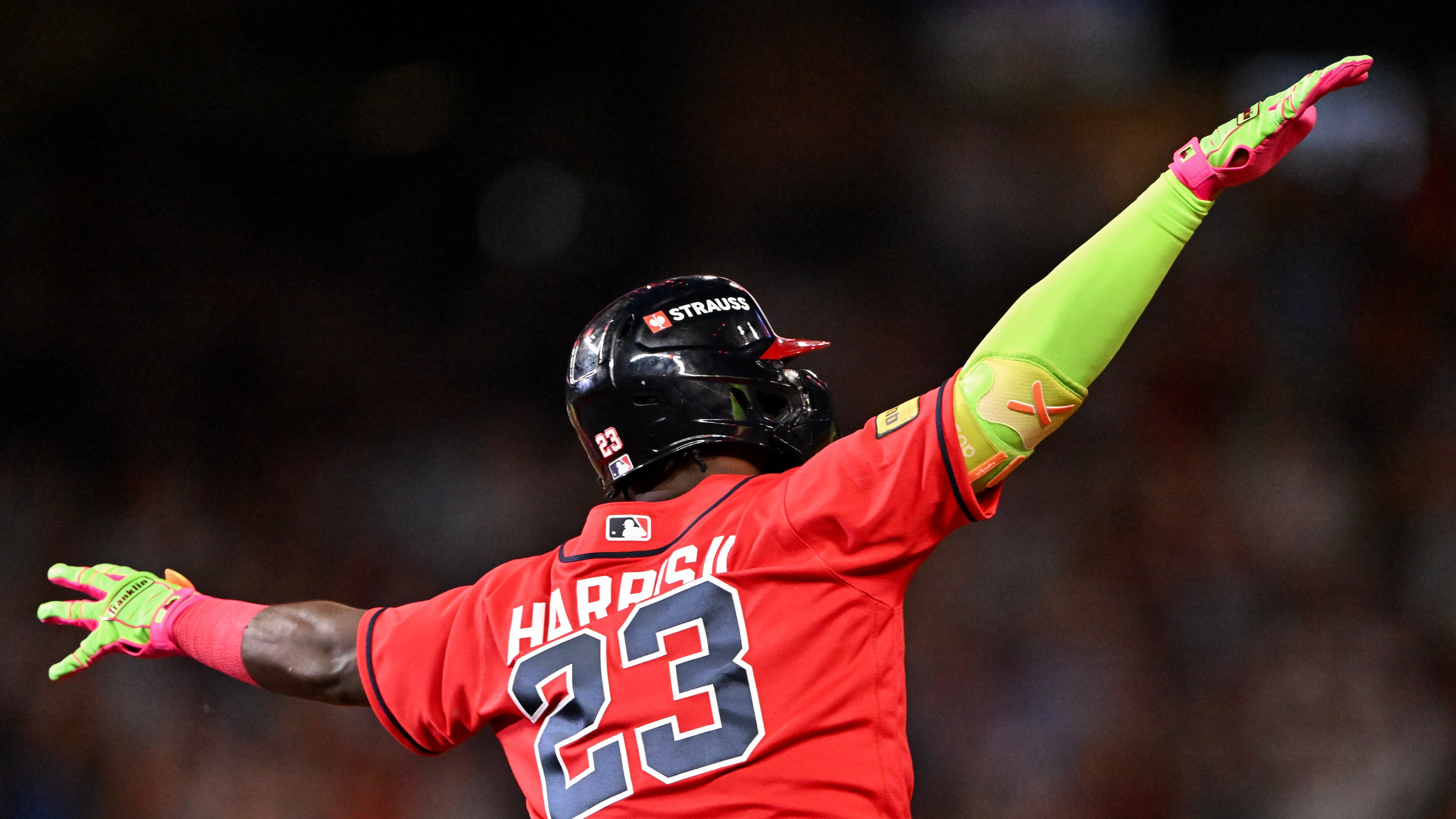 Braves outfielder Michael Harris II reacts after hitting a three-run home run against the Philadelphia Phillies during the first inning of Game 3 of a MLB National League Wild Card playoff series between the Atlanta Braves and the Philadelphia Phillies, Thursday, Oct. 1, 2026, in Atlanta. (Hyosub Shin/AJC)