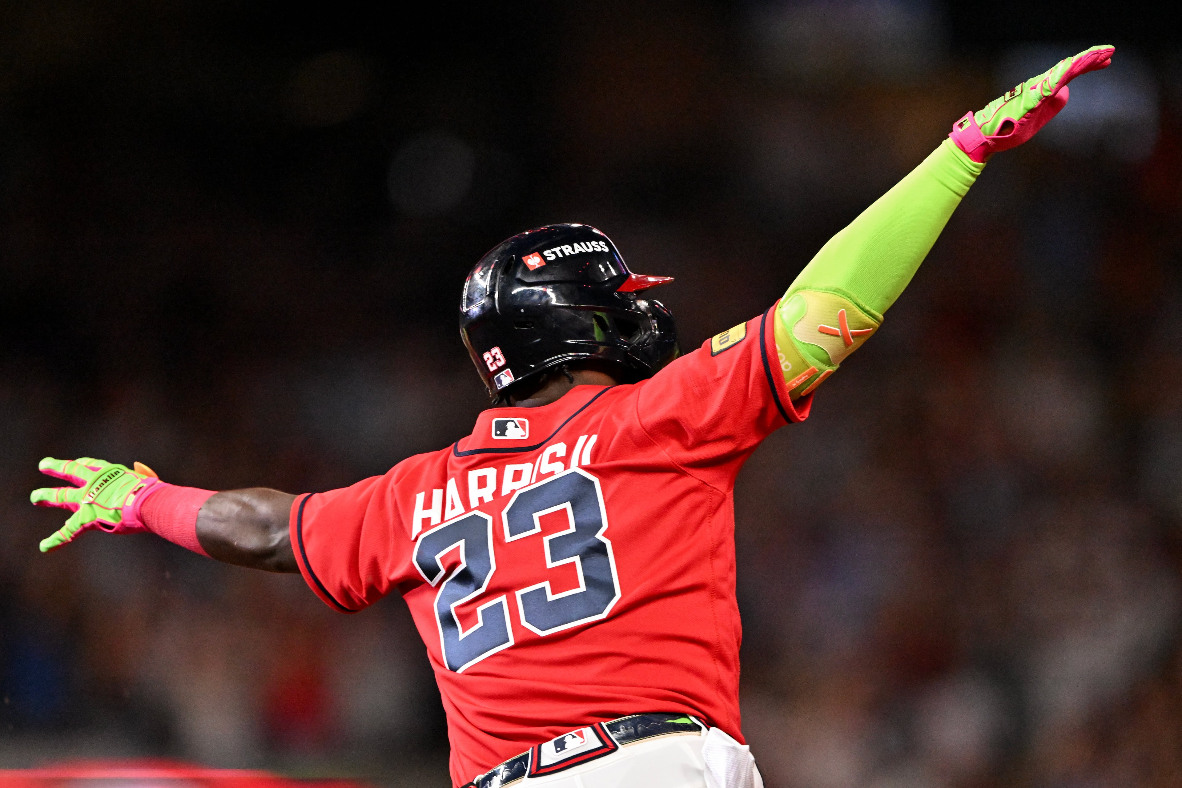 Braves center fielder Michael Harris II celebrates after hitting a three-run home run against the Phillies during Game 3 of their NL Wild Card Series on Thursday, Oct. 1, 2026, in Atlanta. (Hyosub Shin/AJC)