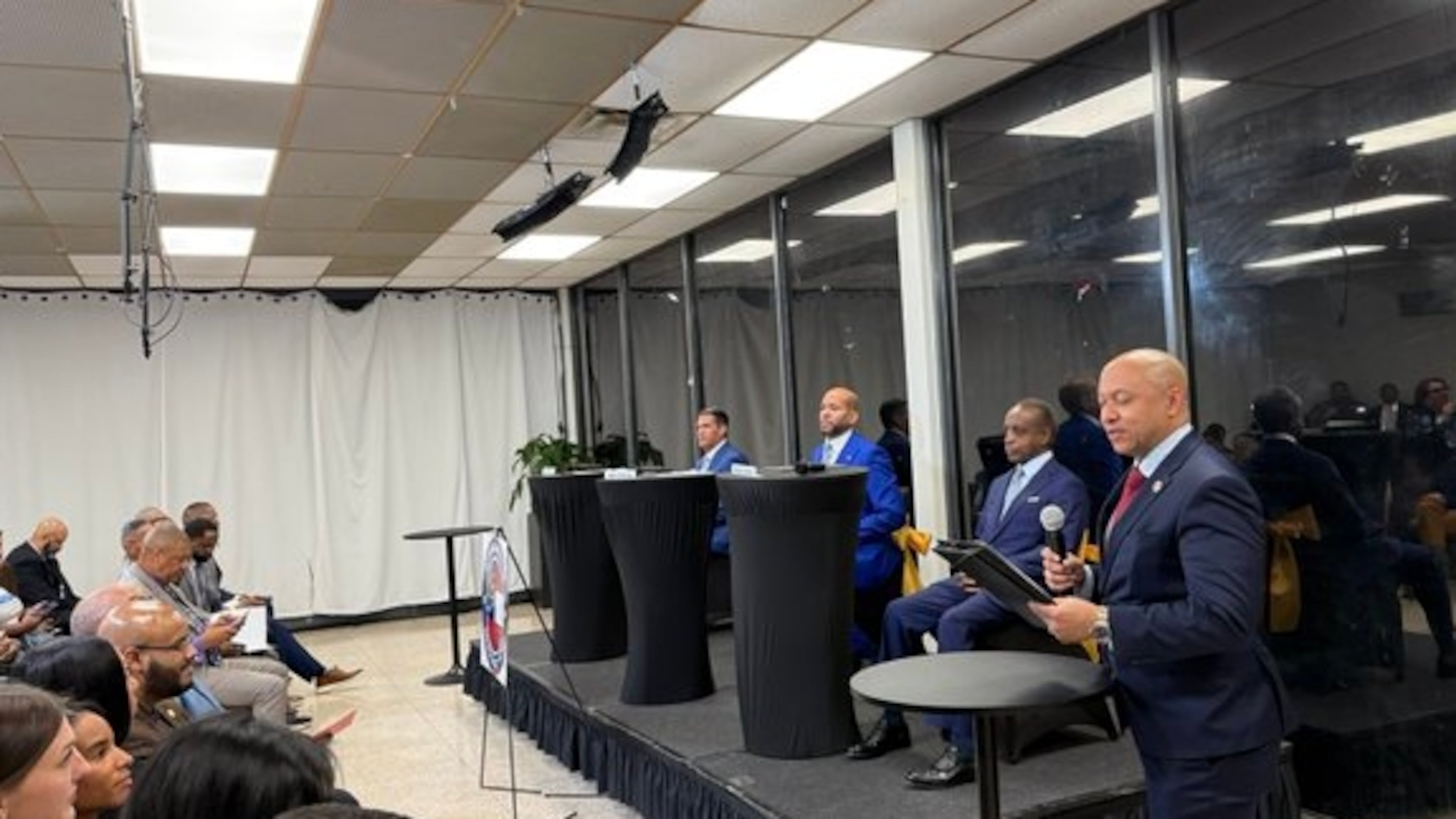 Georgia Men for Democracy Now hosted a forum featuring some of the Democratic candidates for governor (far left to right): former Lt. Gov. Geoff Duncan, former state Sen. Jason Esteves and former DeKalb County CEO Michael Thurmond. (Greg Bluestein/AJC)