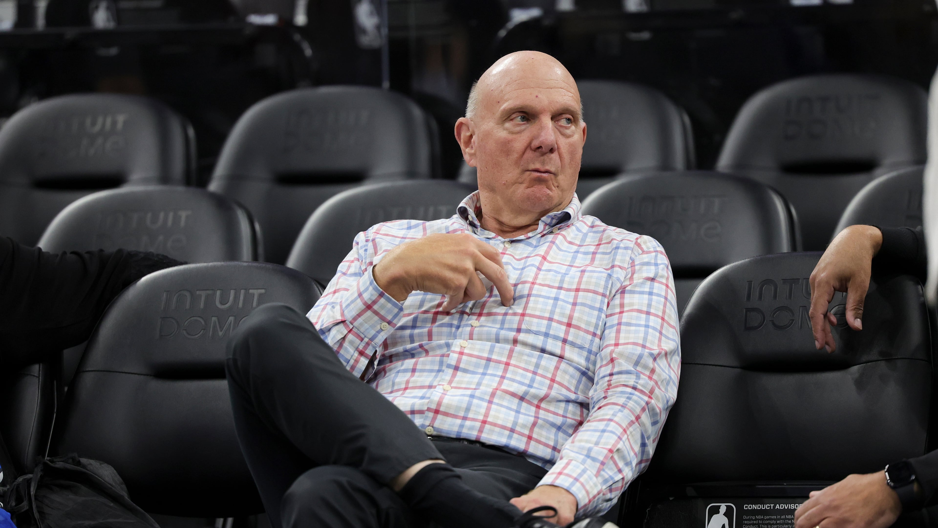 FILE - Los Angeles Clippers owner Steve Ballmer sits on the sideline before an NBA basketball game against the Chicago Bulls on March 13, 2026, in Inglewood, Calif. (AP Photo/Ryan Sun, File)