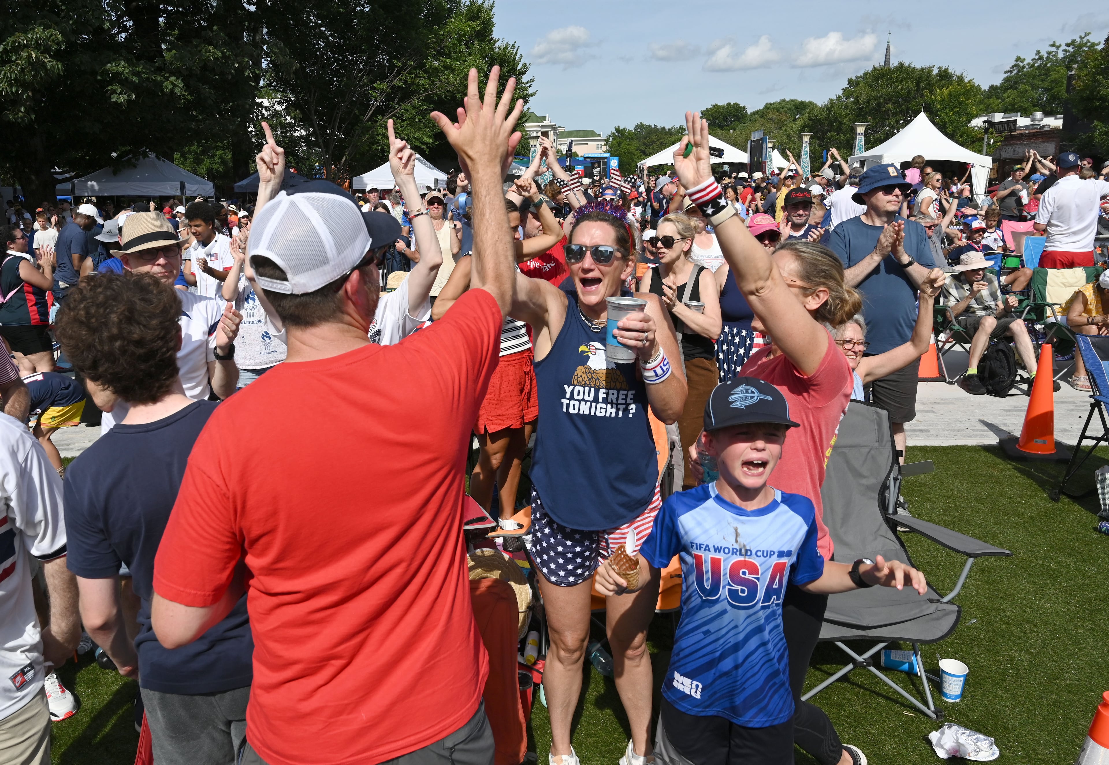 USA soccer fans react after the USA defeats Australia 2-0 during Decatur WatchFest at Decatur Square on Friday, June 19, 2026. (Hyosub Shin/AJC)