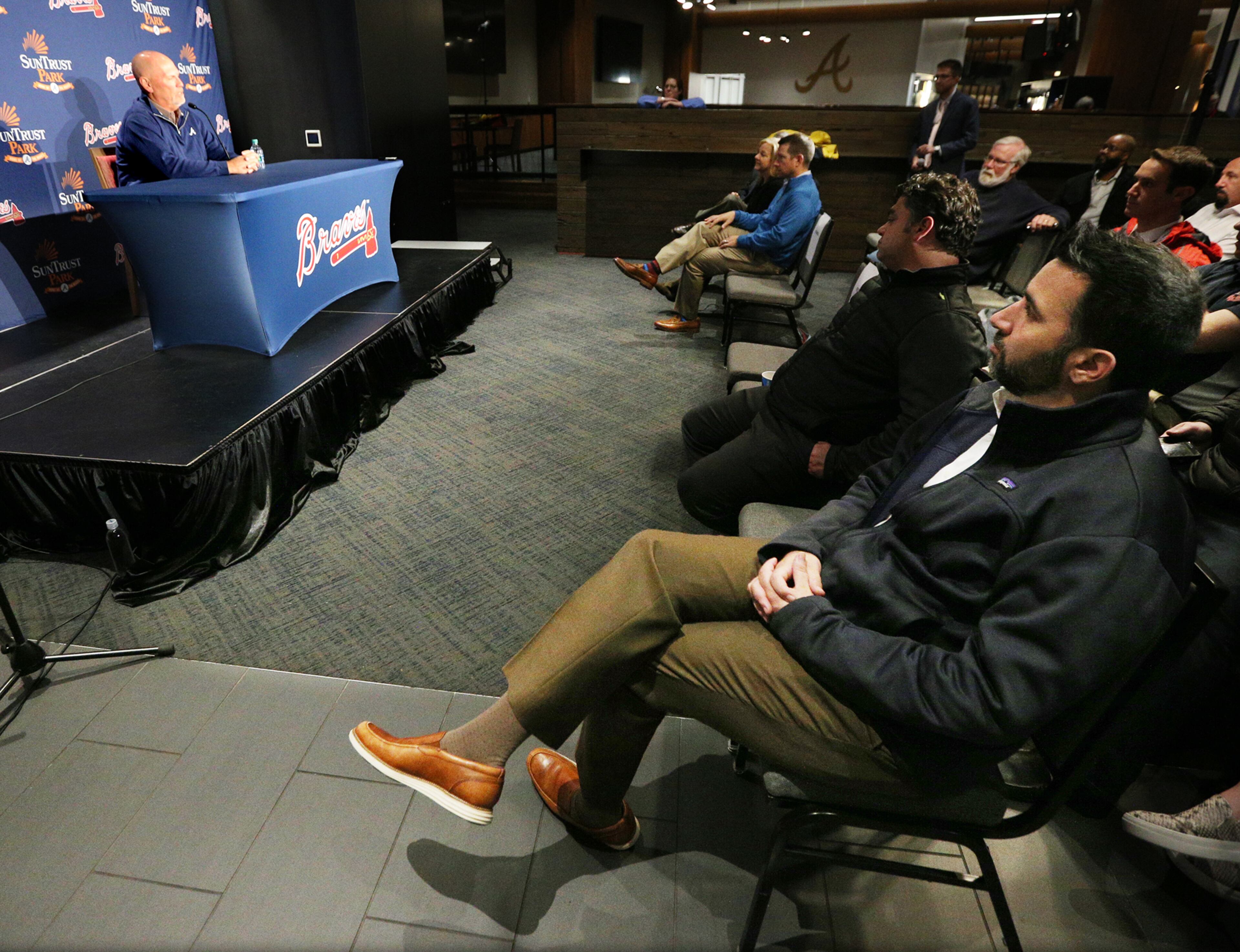 Nov 13, 2018 Atlanta: Atlanta Braves GM Alex Anthopoulos (right) has a front row seat for manager Brian Snitkerâs press conference at SunTrust Park winning National League manager of the year on Tuesday night, Nov. 13, 2018, in Atlanta. Curtis Compton/ccompton@ajc.com