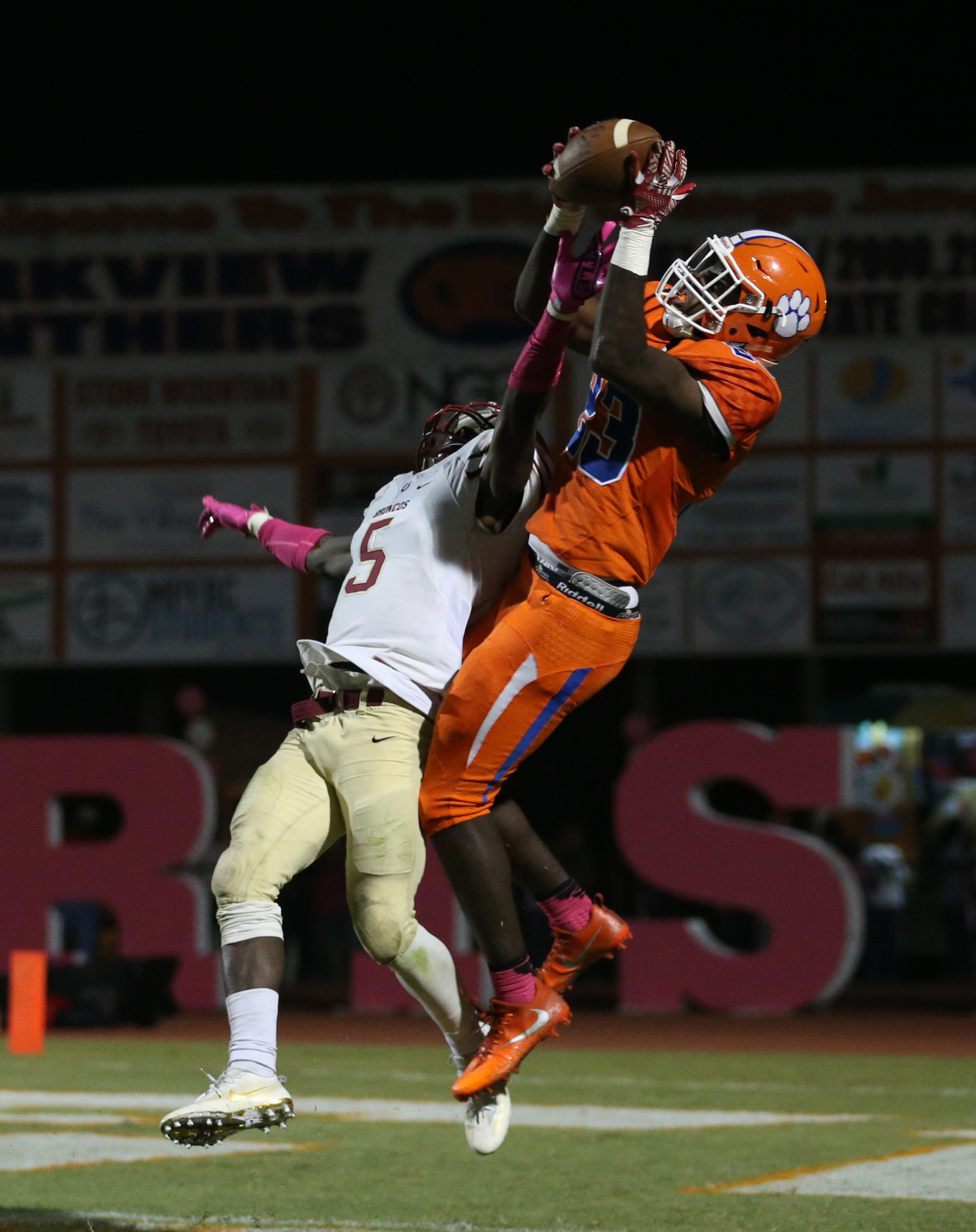 October 20, 2017 - Lilburn, Ga: Parkview wide receiver Miles Marshall (23) catches a touchdown pass against Brookwood defensive back Caleb Riley (5) in the second half of their game at Parkview High School Friday, October 20, 2017, in Lilburn, Ga.. Brookwood won 30-27. PHOTO / JASON GETZ