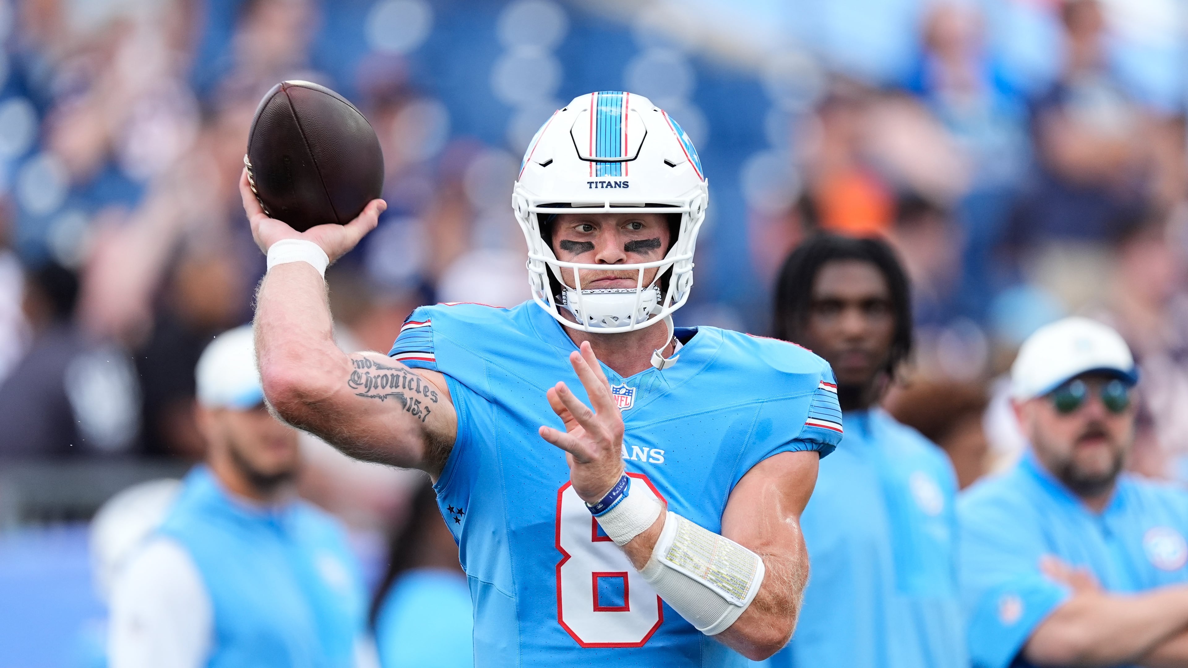 Tennessee Titans quarterback Will Levis warms up prior to a preseason NFL football game against the Chicago Bears, Saturday, Aug. 29, 2026, in Nashville, Tenn. (AP Photo/George Walker IV)