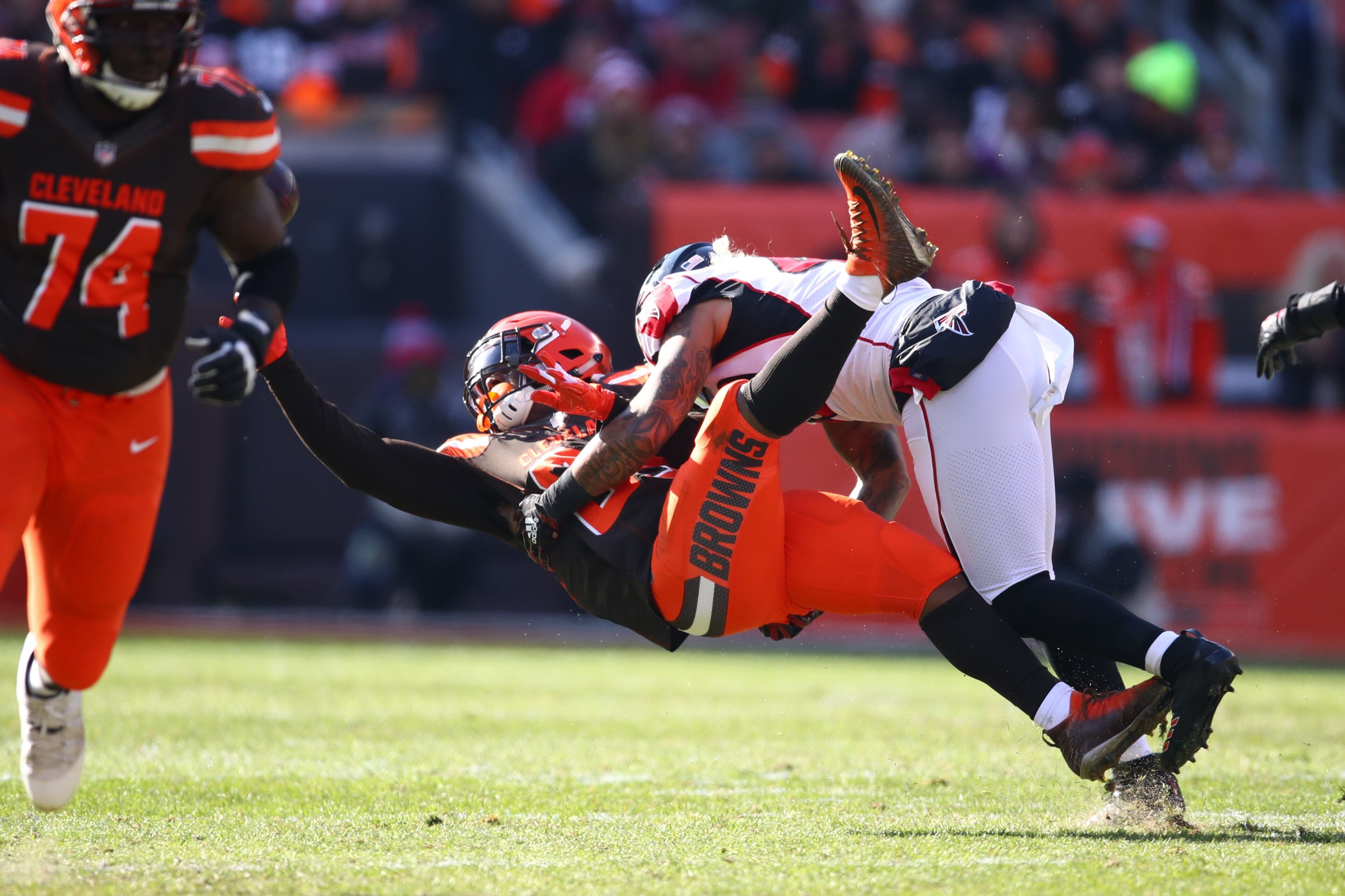 CLEVELAND, OH - NOVEMBER 11: Nick Chubb #24 of the Cleveland Browns is tackled by Duke Riley #42 of the Atlanta Falcons in the first half at FirstEnergy Stadium on November 11, 2018 in Cleveland, Ohio. (Photo by Gregory Shamus/Getty Images)