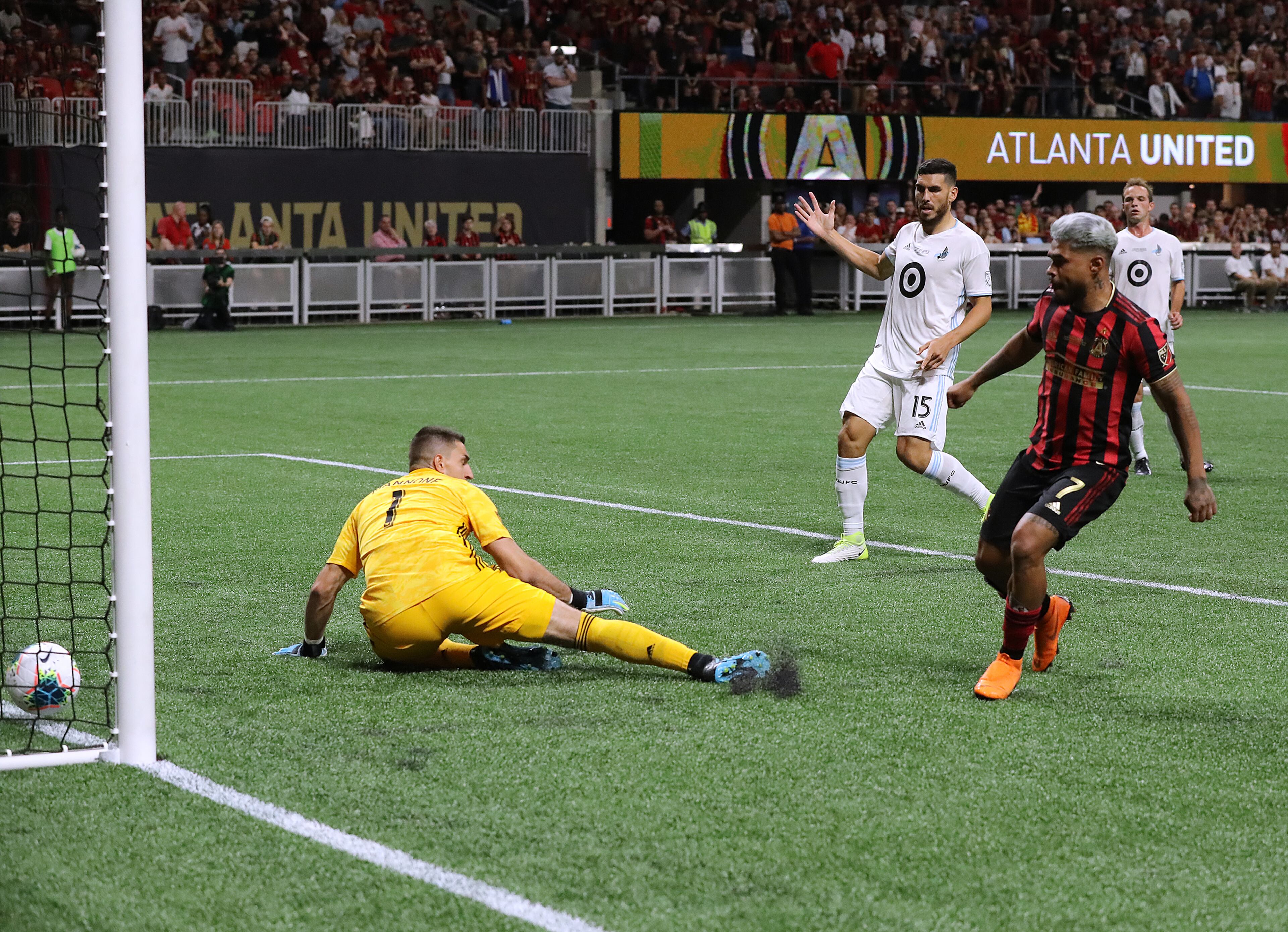 Atlanta United forward Josef Martinez is ruled offsides on a goal past Minnesota United goalkeeper Vito Mannone in a 2-1 Atlanta United victory to win the U.S. Open Cup on Tuesday, August 27, 2019, in Atlanta. Curtis Compton/ccompton@ajc.com