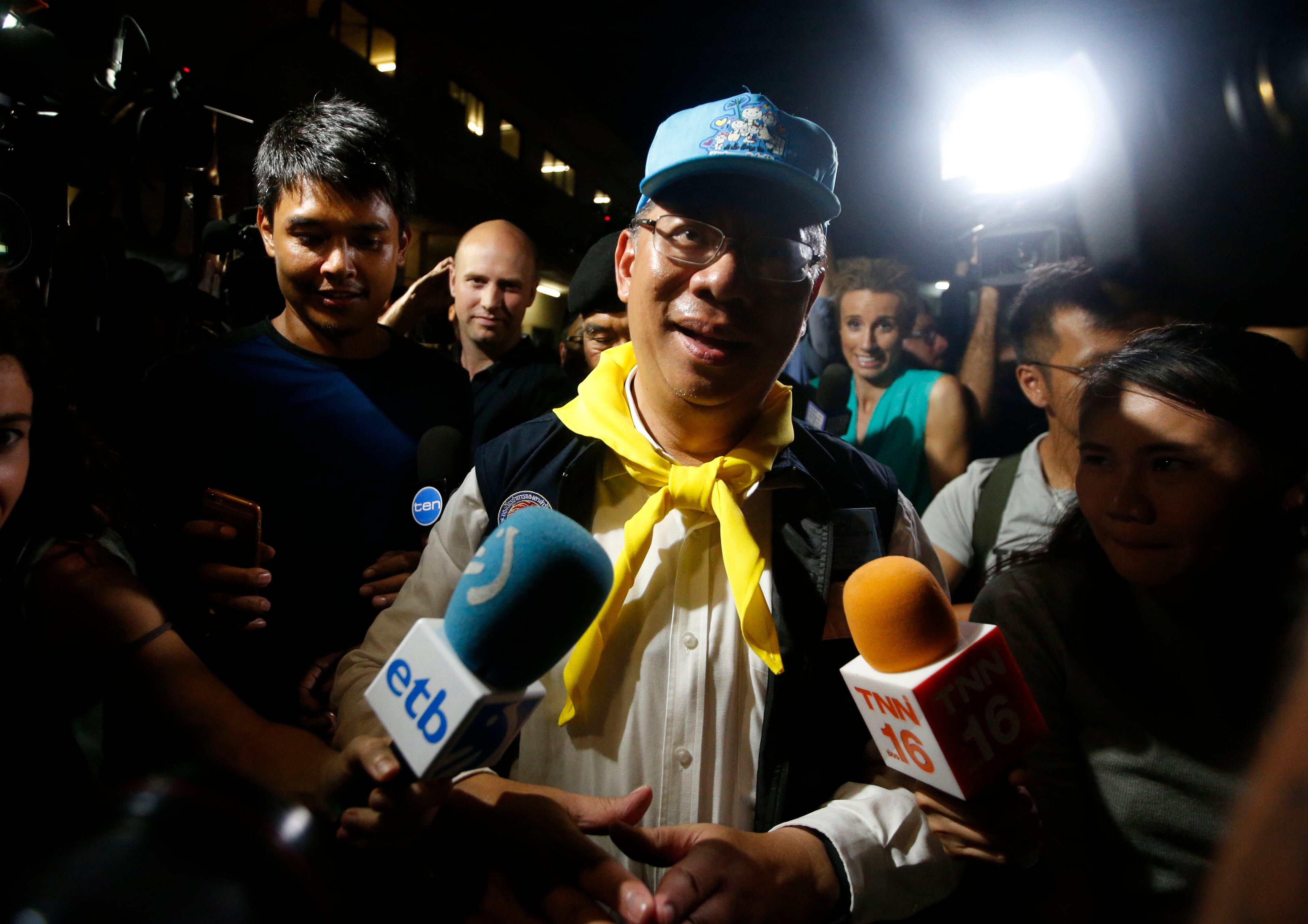 Chiang Rai province acting Gov. Narongsak Osatanakorn, who is leading the ongoing rescue operation of the soccer team and coach trapped in a flooded cave, talks to media during a press conference in Mae Sai, Chiang Rai province, northern Thailand, Tuesday, July 10, 2018. Thai Navy SEALs say all 12 boys and their coach were rescued from the cave, ending an ordeal that lasted more than 2 weeks. (AP Photo/Sakchai Lalit)