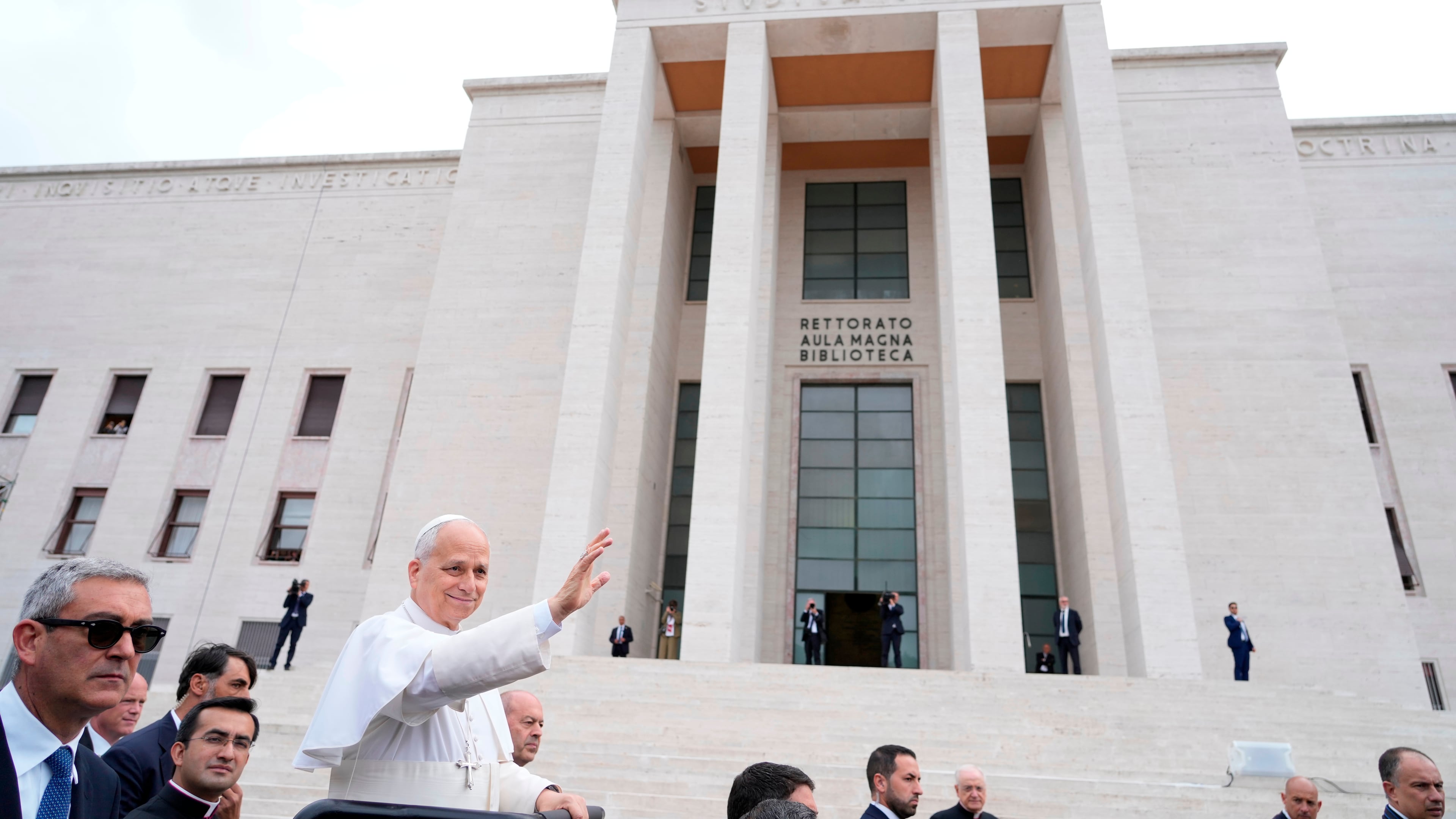 Pope Leo XIV visits the Città Universitaria (University City) at Sapienza University of Rome to meet with faculty and students at the institution's primary campus, one of the world's oldest and largest universities, Thursday, May 14, 2026. (AP Photo/Gregorio Borgia)