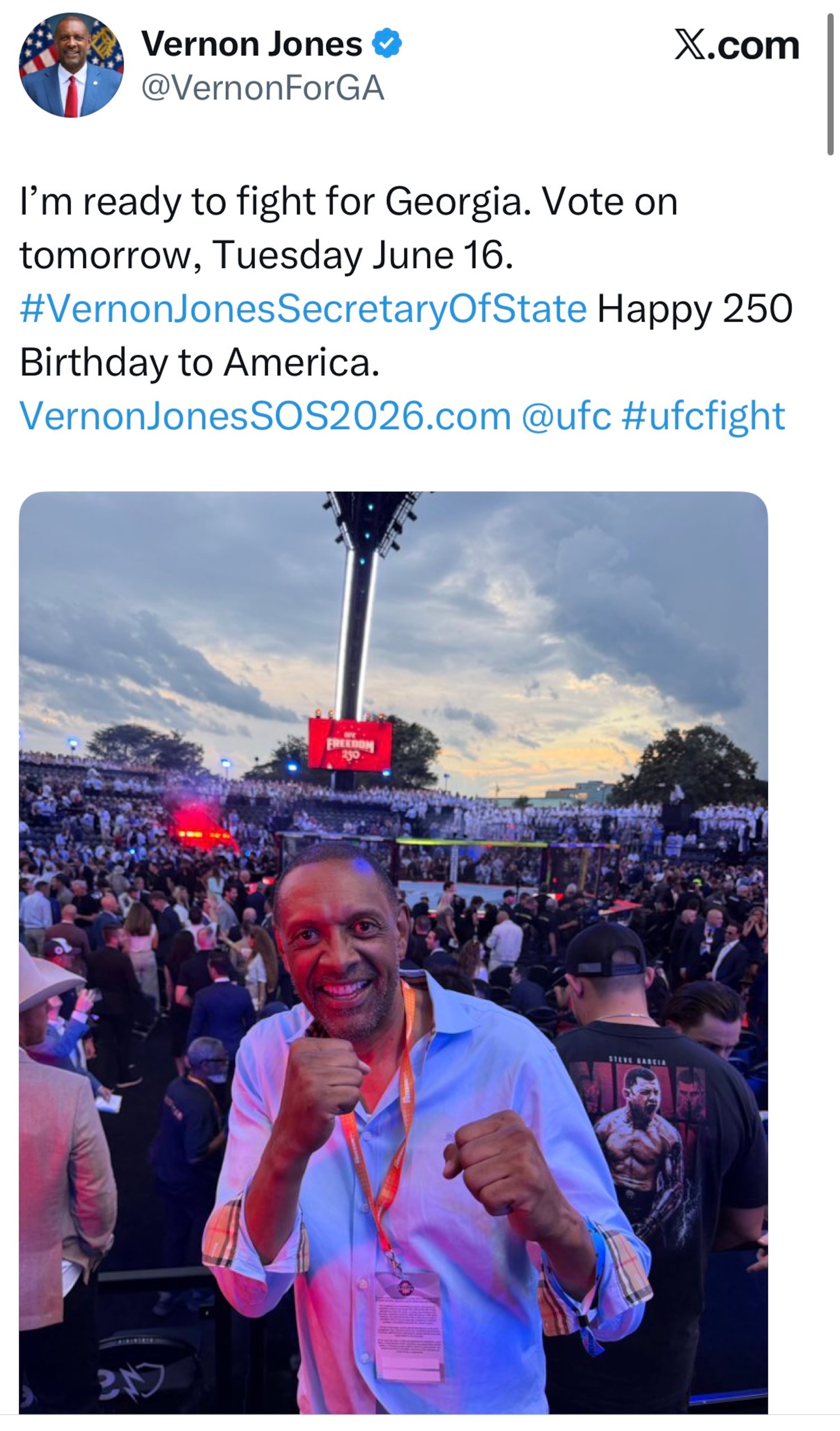GOP secretary of state candidate Vernon Jones at the MMA fight on the White House lawn posted on his campaign X account just days before the election. (Courtesy of Vernon Jones campaign X account)