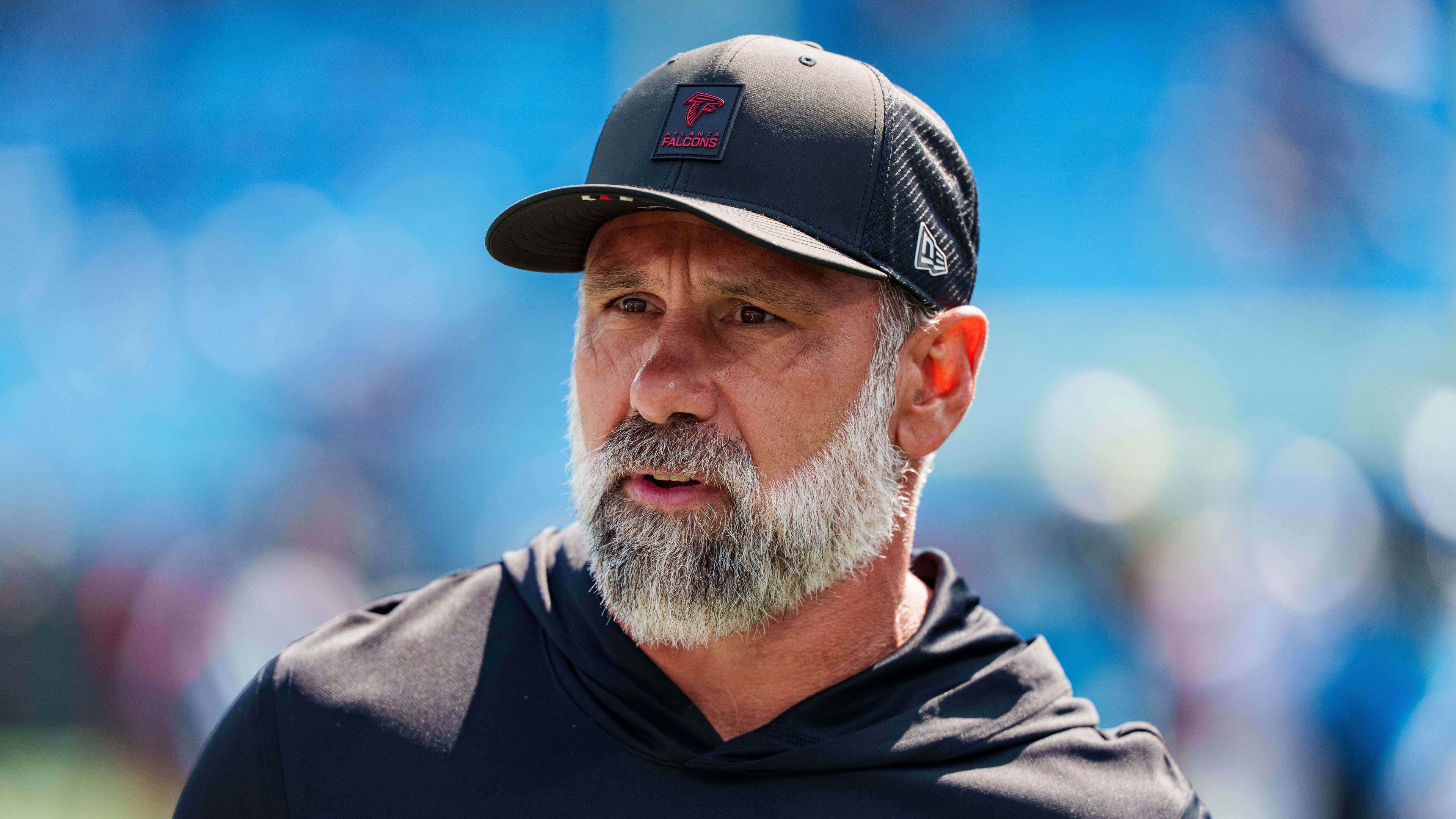FILE - Atlanta Falcons defensive coordinator Jeff Ulbrich looks on before an NFL football game between the Carolina Panthers and the Atlanta Falcons, Sep. 21, 2025, in Charlotte, N.C. (AP Photo/Jacob Kupferman, File)