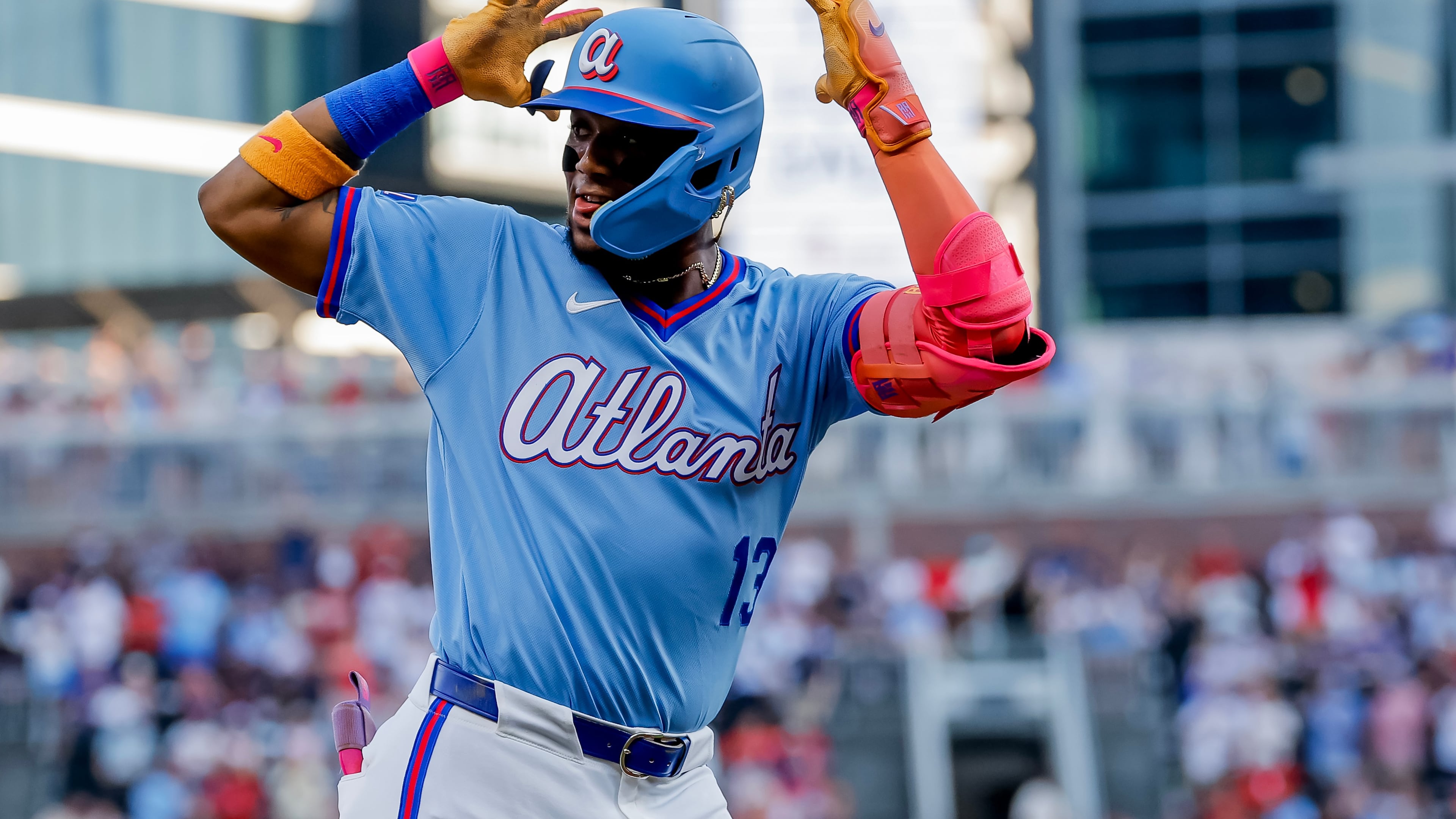 Atlanta Braves right fielder Ronald Acuña Jr. (13) reacts while rounding the bases after hitting a solo home run against the Arizona Diamondbacks during the first inning of a baseball game, Saturday, August 15, 2026, in Atlanta. (AP Photo/Erik S. Lesser)