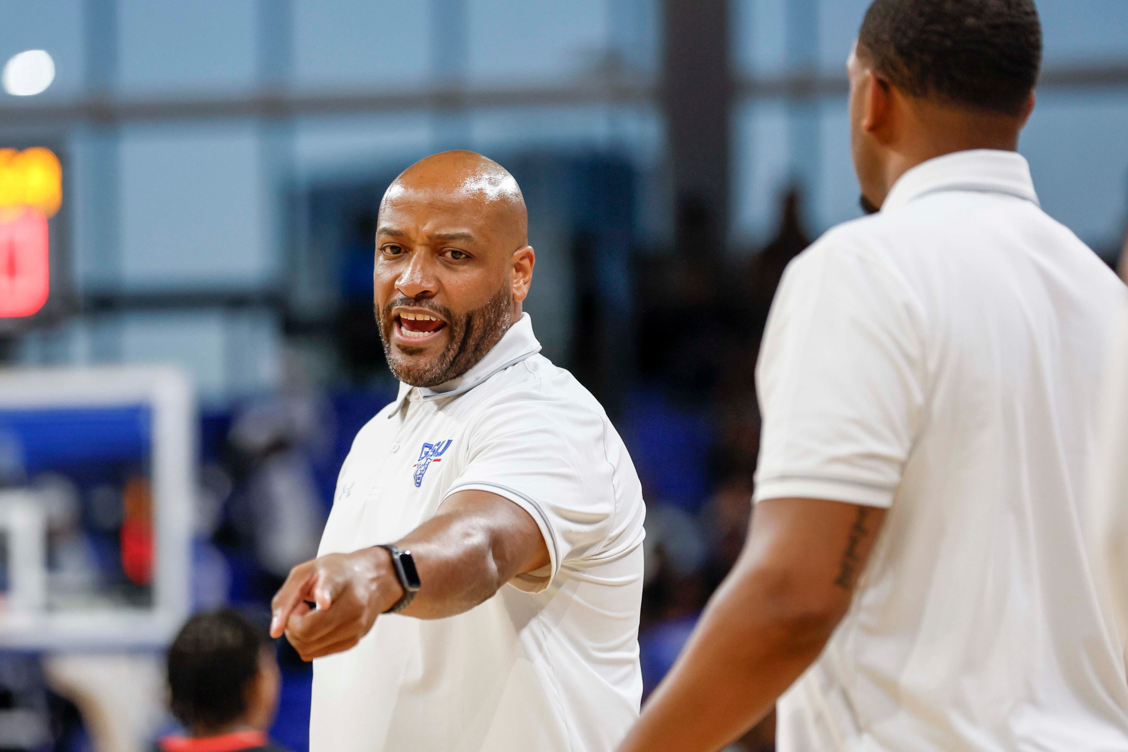 Georgia State Panthers head coach Jonas Hayes yells instructions during the second half of an exhibition opener game against the Georgia Bulldogs at the Georgia State Convocation Center, Wednesday, October 15, 2025, in Atlanta. (Miguel Martinez/AJC)
