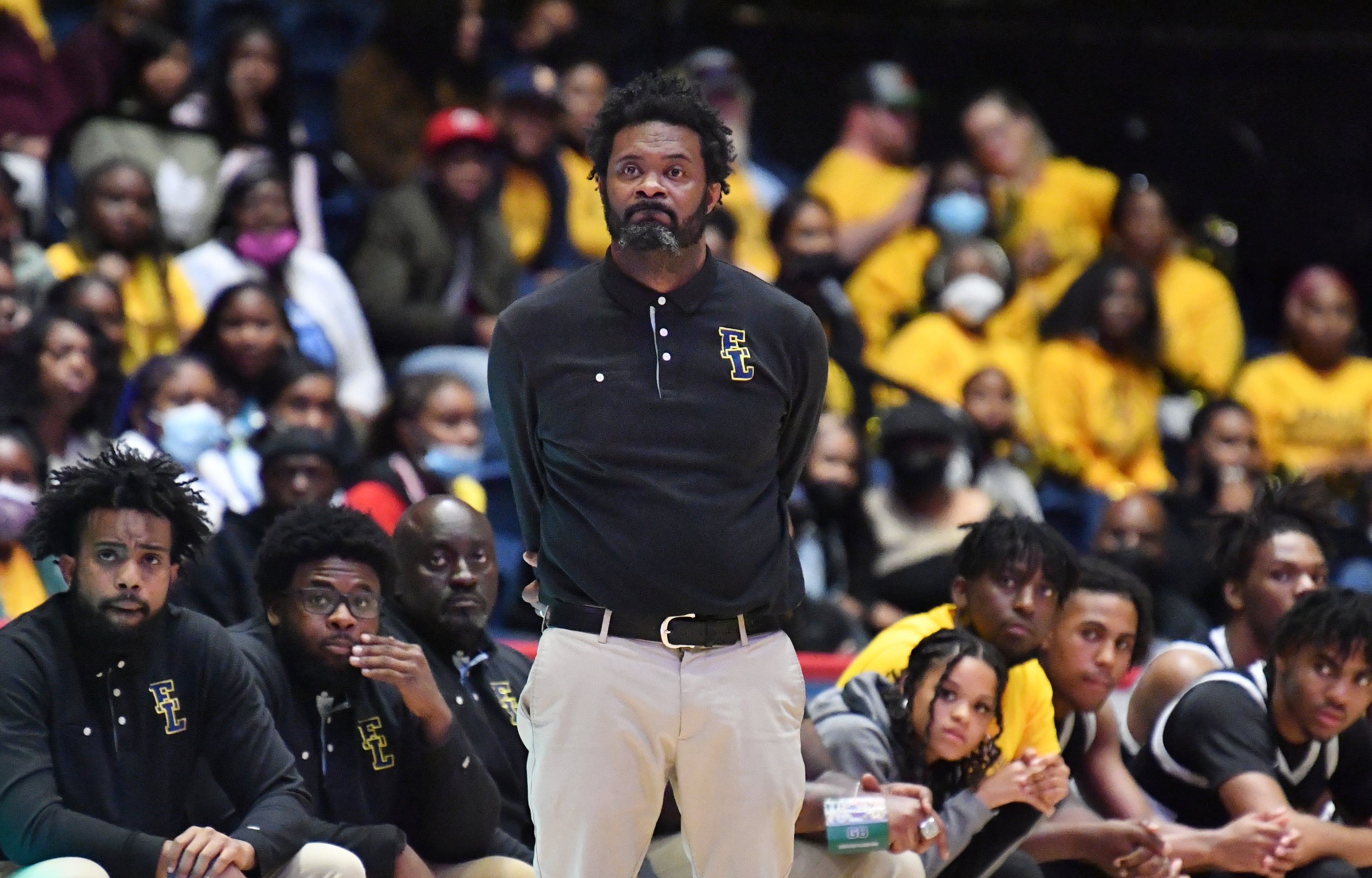 Eagle’s Landing's head coach Elliott Montgomery reacts during the 2022 GHSA State Basketball Class AAAAA Boys Championship game at the Macon Centreplex in Macon on Thursday, March 10, 2022. (Hyosub Shin / Hyosub.Shin@ajc.com)