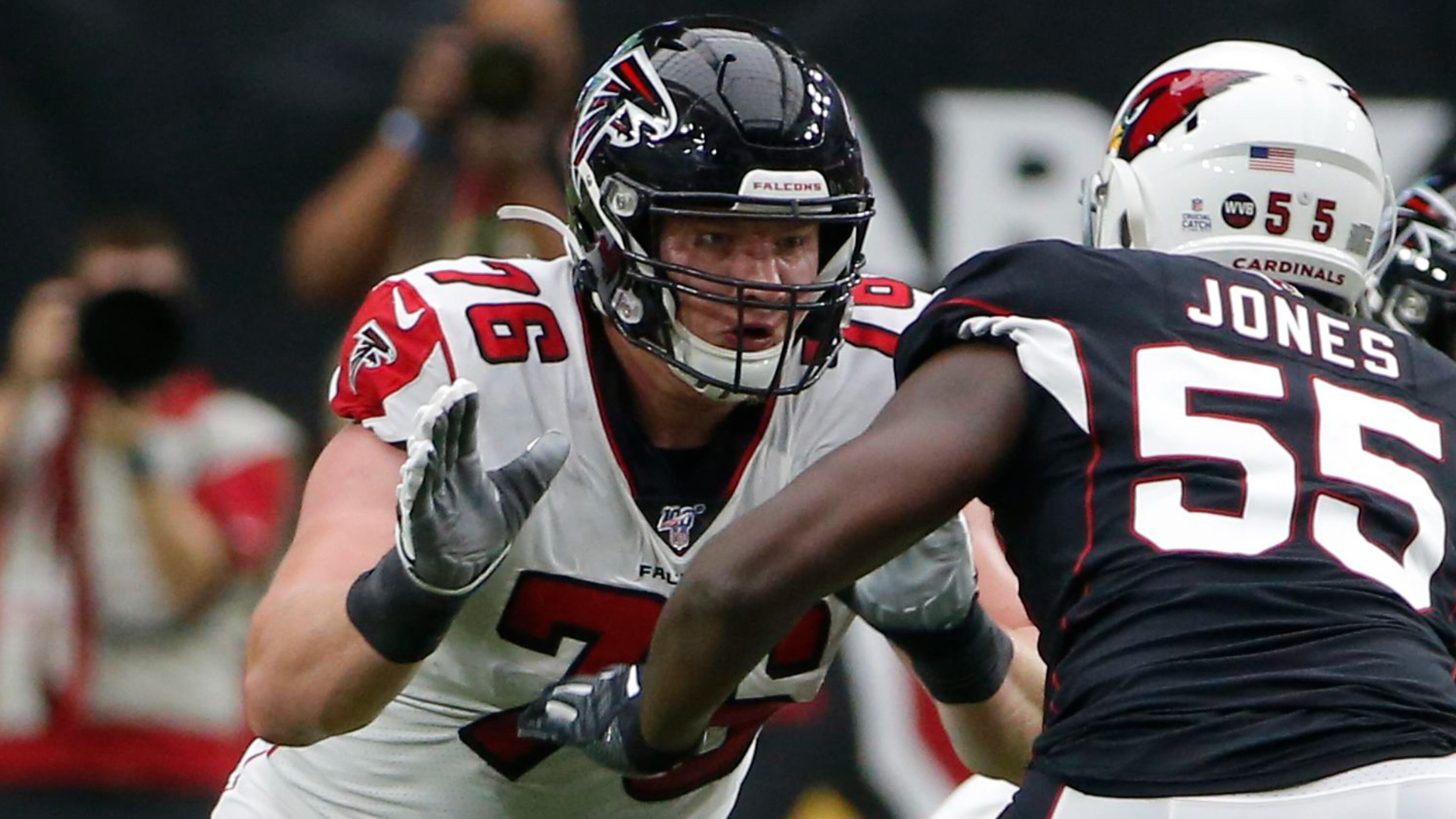 Atlanta Falcons offensive tackle Kaleb McGary (76) protects the quarterback against the Arizona Cardinals defense, Sunday, Oct. 13, 2019, in Glendale, Ariz.