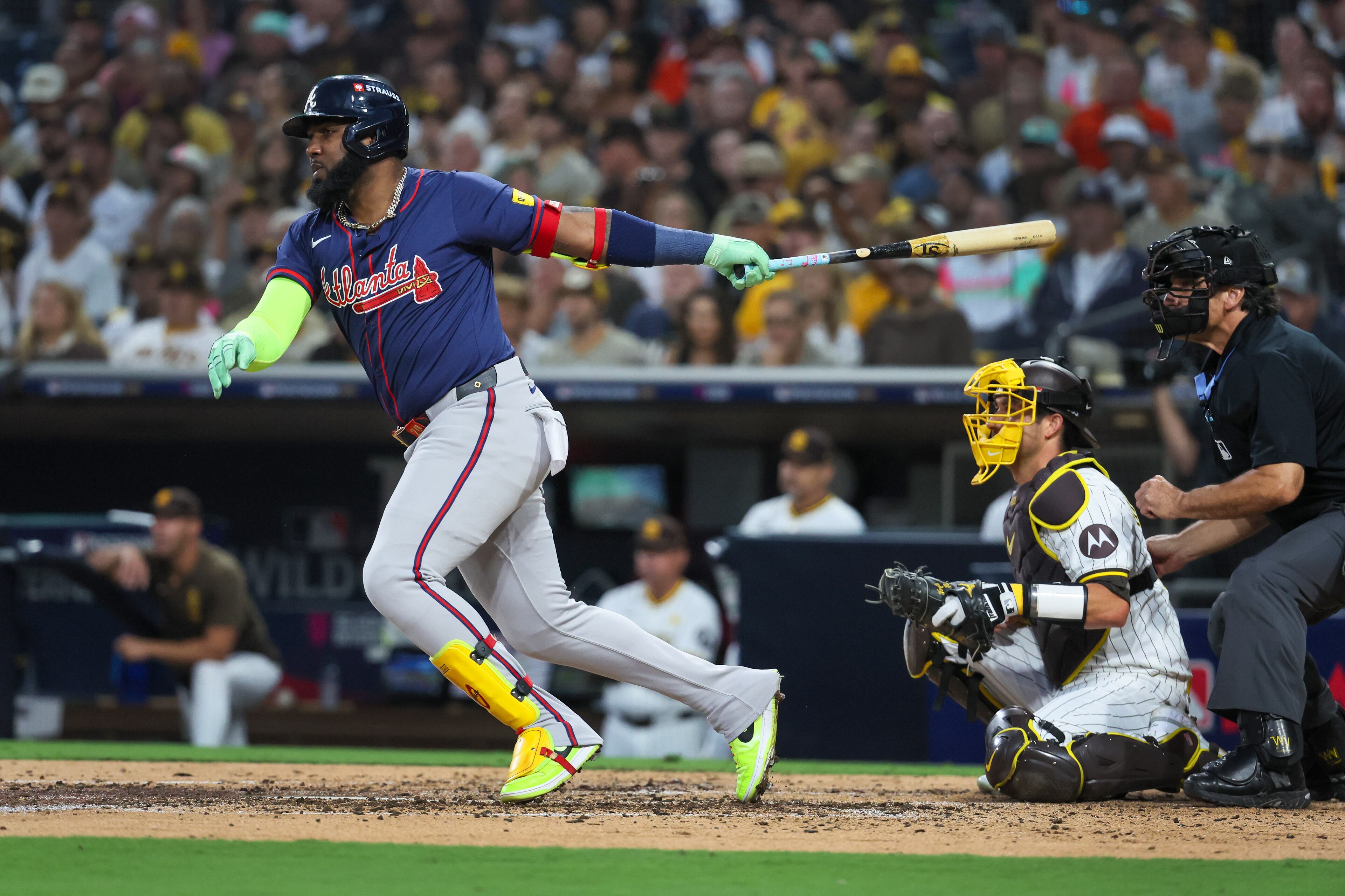 Atlanta Braves designated hitter Marcell Ozuna lines out against the San Diego Padres during the fourth inning of National League Division Series Wild Card Game Two at Petco Park in San Diego on Wednesday, Oct. 2, 2024. (Jason Getz / Jason.Getz@ajc.com)