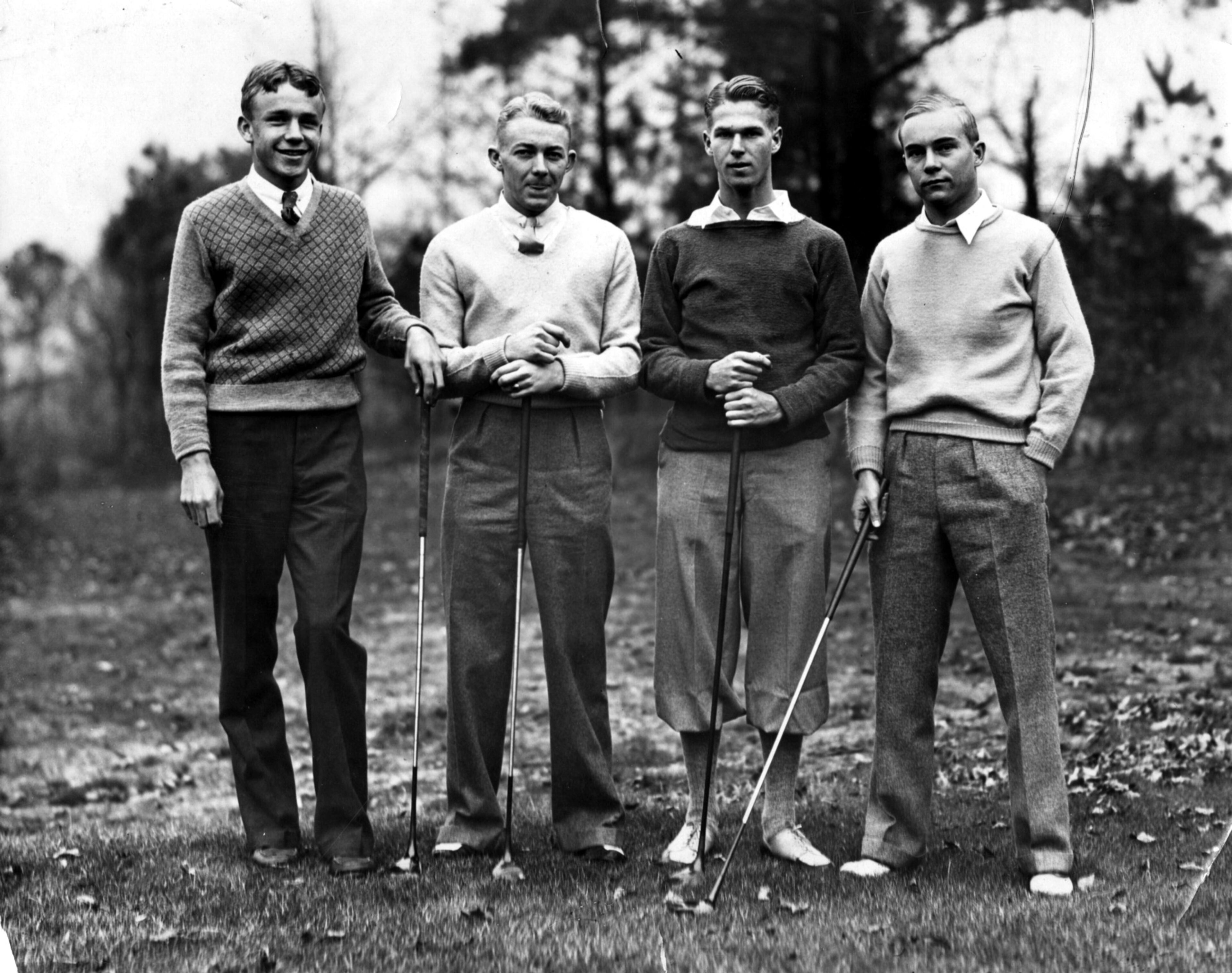 Original caption: "1932 -- Left to right, Charlie Yates, Ga. state amateur champion; Frank Ridley, George Harris and Berrien Moore, Jr., who played an exhibition match as part of the official opening of the nine-hole Chattahoochee Golf Course at Bolton. (Staff photo by Winn)"