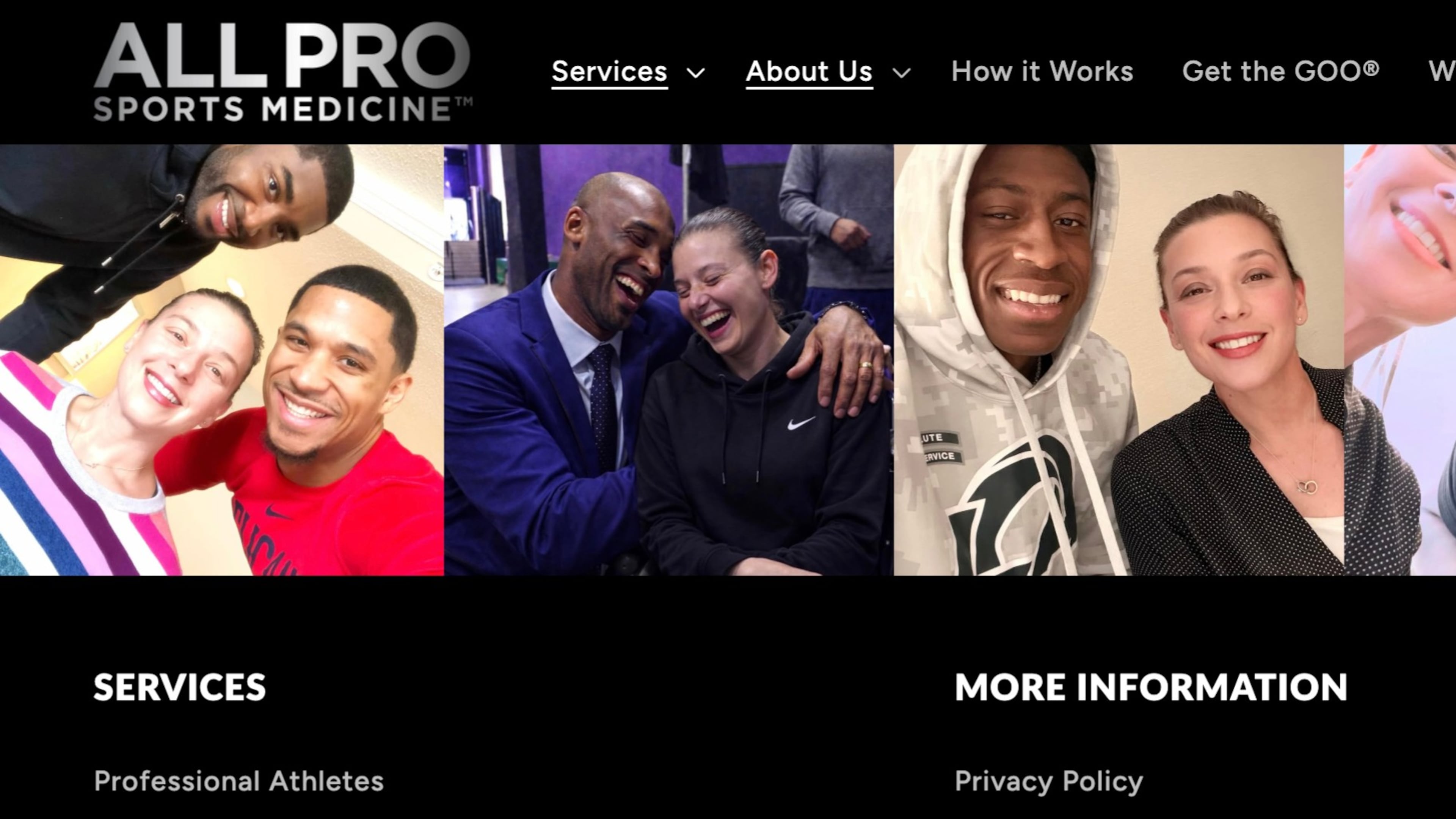 This image shows part of Joan Rubinger’s All Pro Sports Medicine website in August 2026, displaying social media photos of her with several celebrity athletes. (AP Photo)