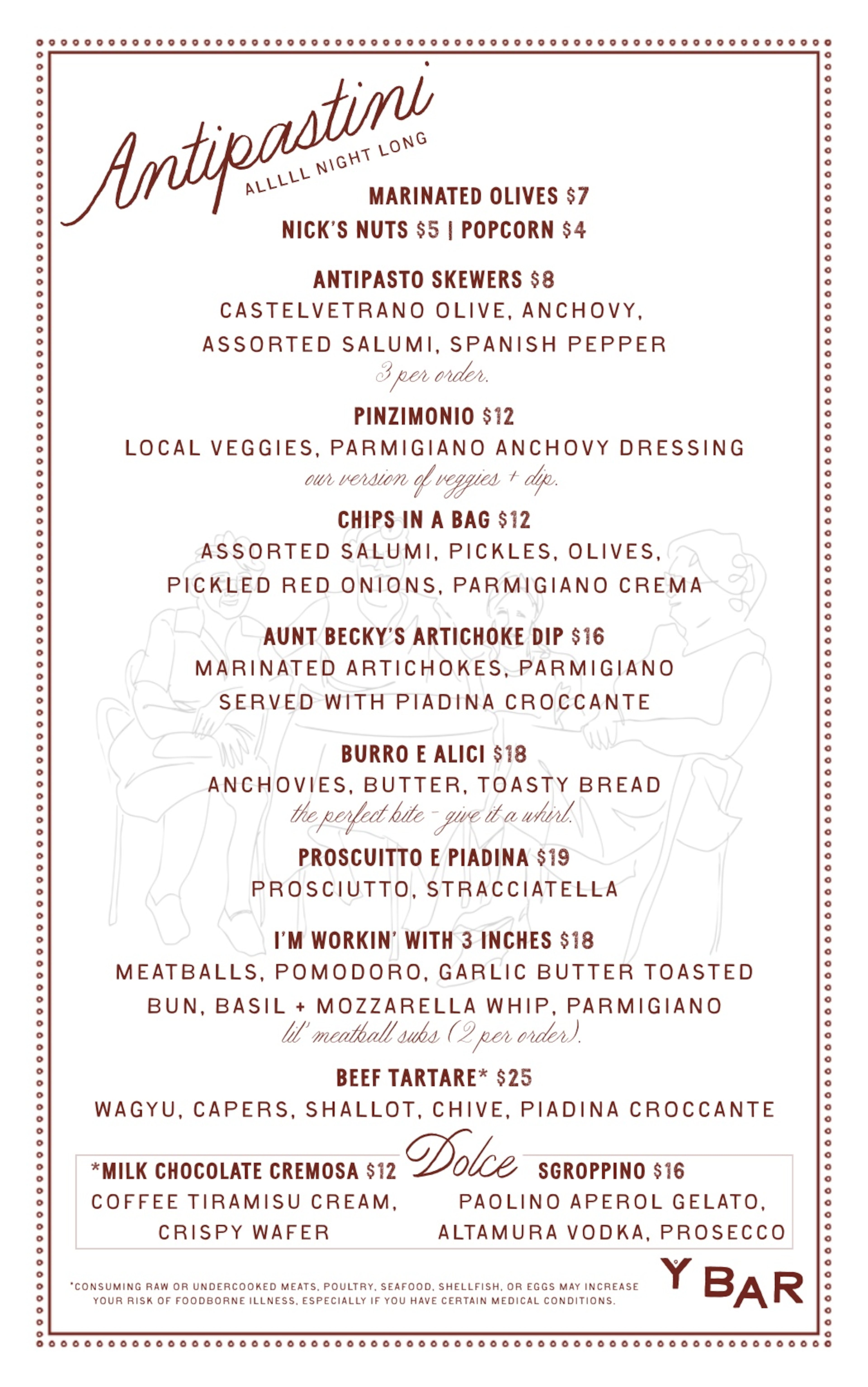 See the antipastini menu for Y Bar e Ristorante in Buckhead Village. (Courtesy of Y Bar e Ristorante)