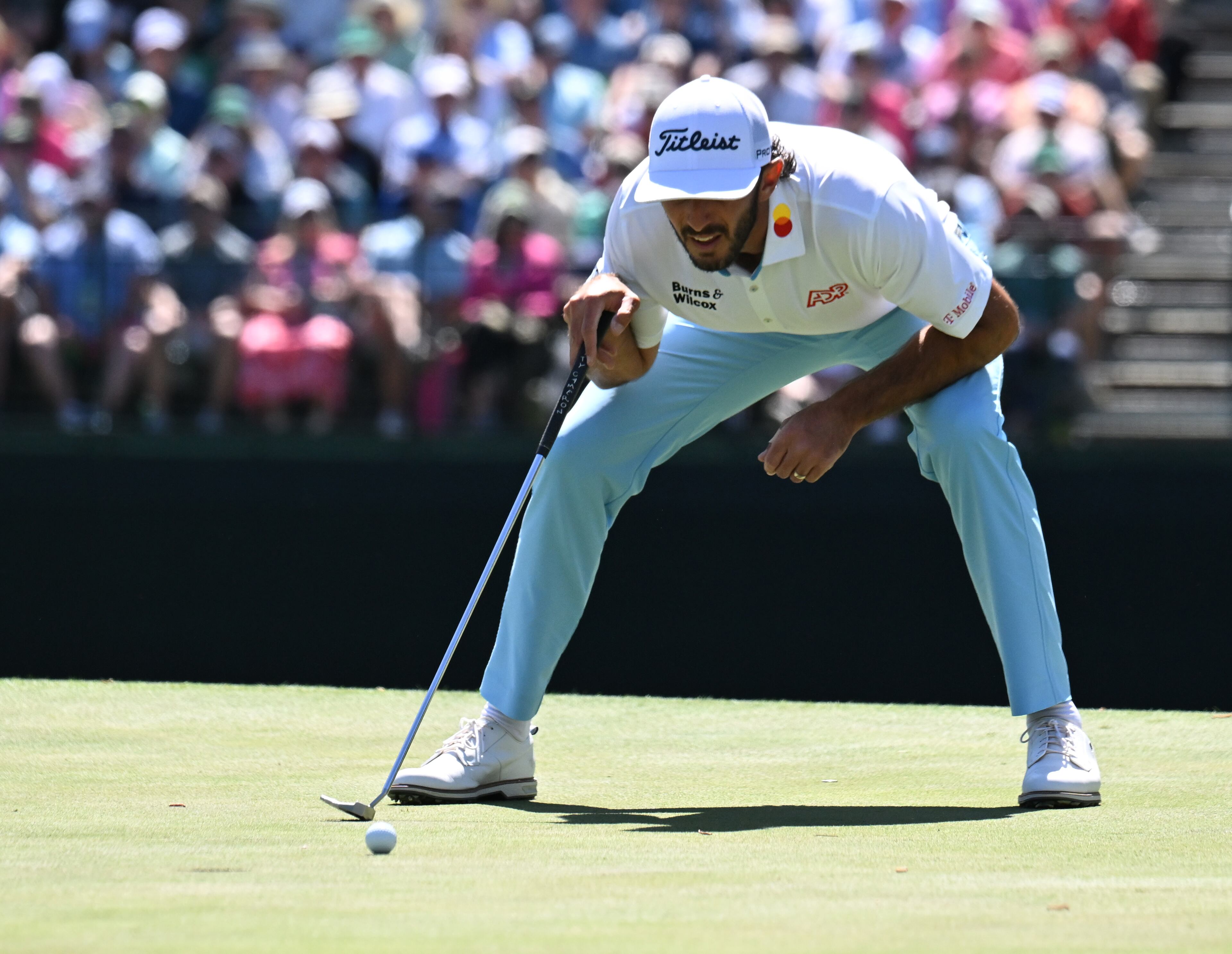 Max Homa lines up putt on 15th hole during second round of the 2024 Masters Tournament at Augusta National Golf Club, Friday, April 12, 2024, in Augusta, Ga. (Hyosub Shin / Hyosub.Shin@ajc.com)