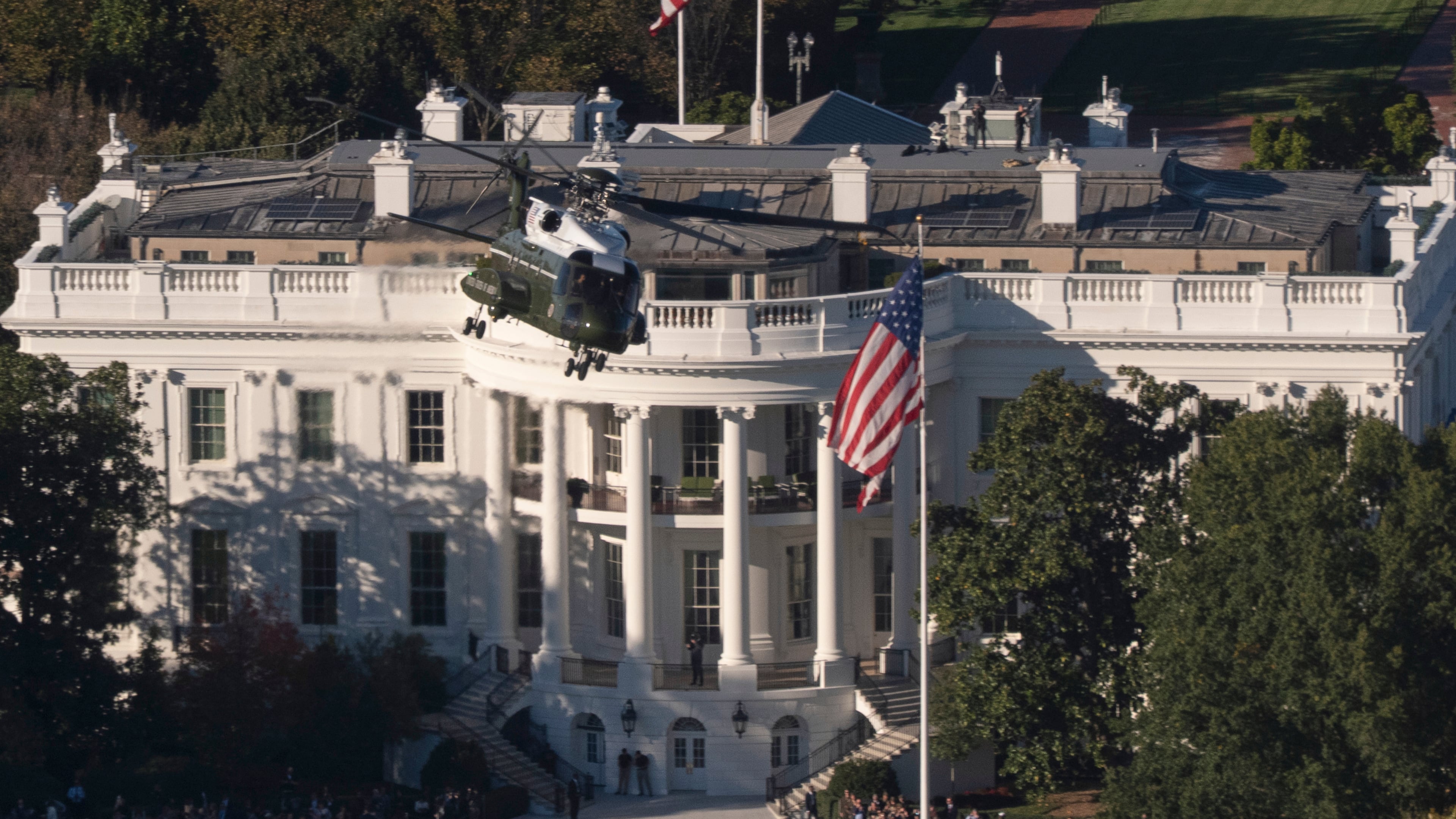 Marine One, carrying President Donald Trump, lifts off from the South Lawn at the White House, Thursday, Oct. 22, 2026, in Washington. (AP Photo/Manuel Balce Ceneta)