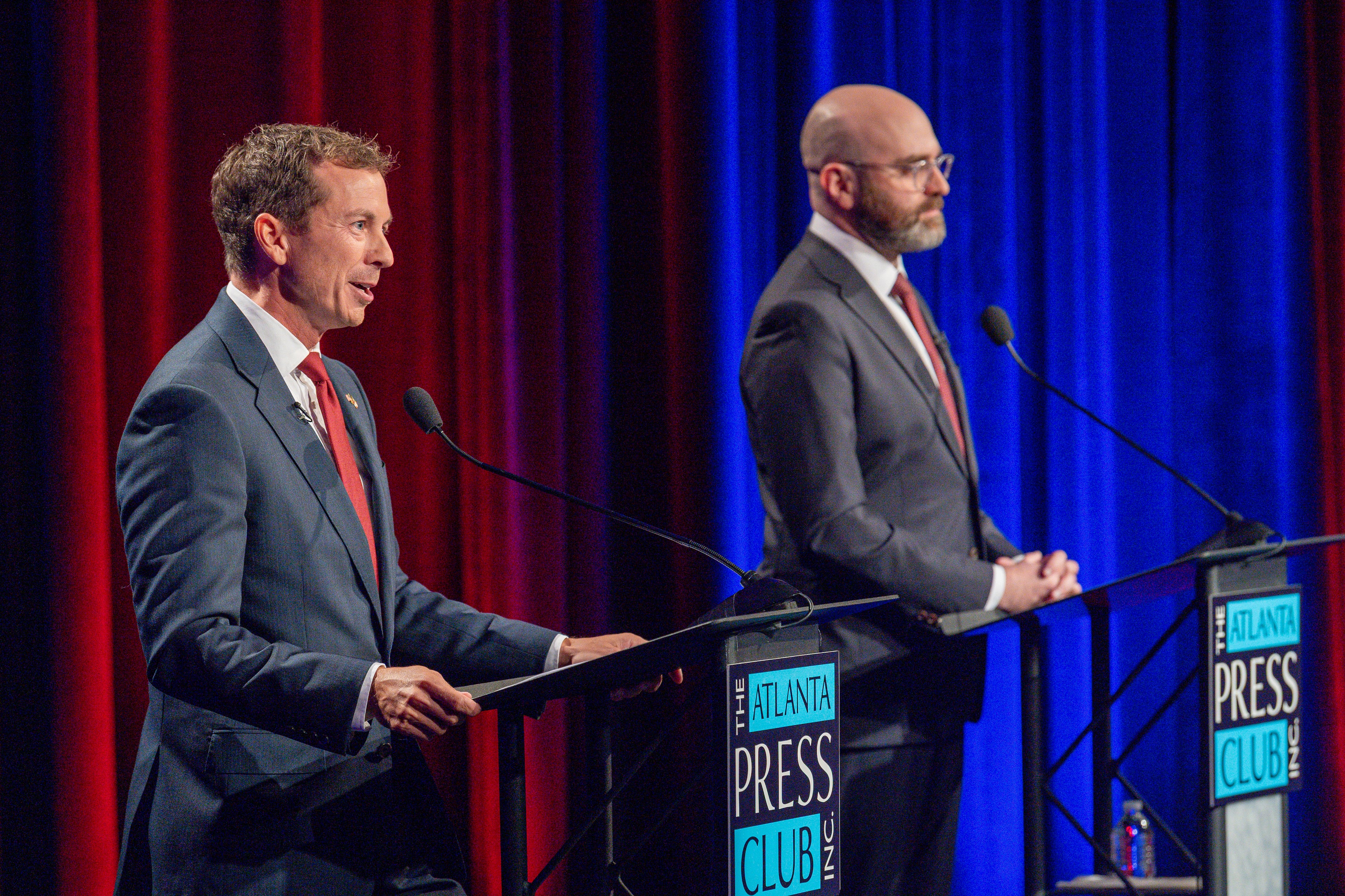 Greg Dolezal (left) the Republican nominee for lieutenant governor, and Josh McLaurin, the Democratic nominee for lieutenant governor, are seen at an Atlanta Press Club debate earlier this month. (Pool photos by J Glenn Photography)