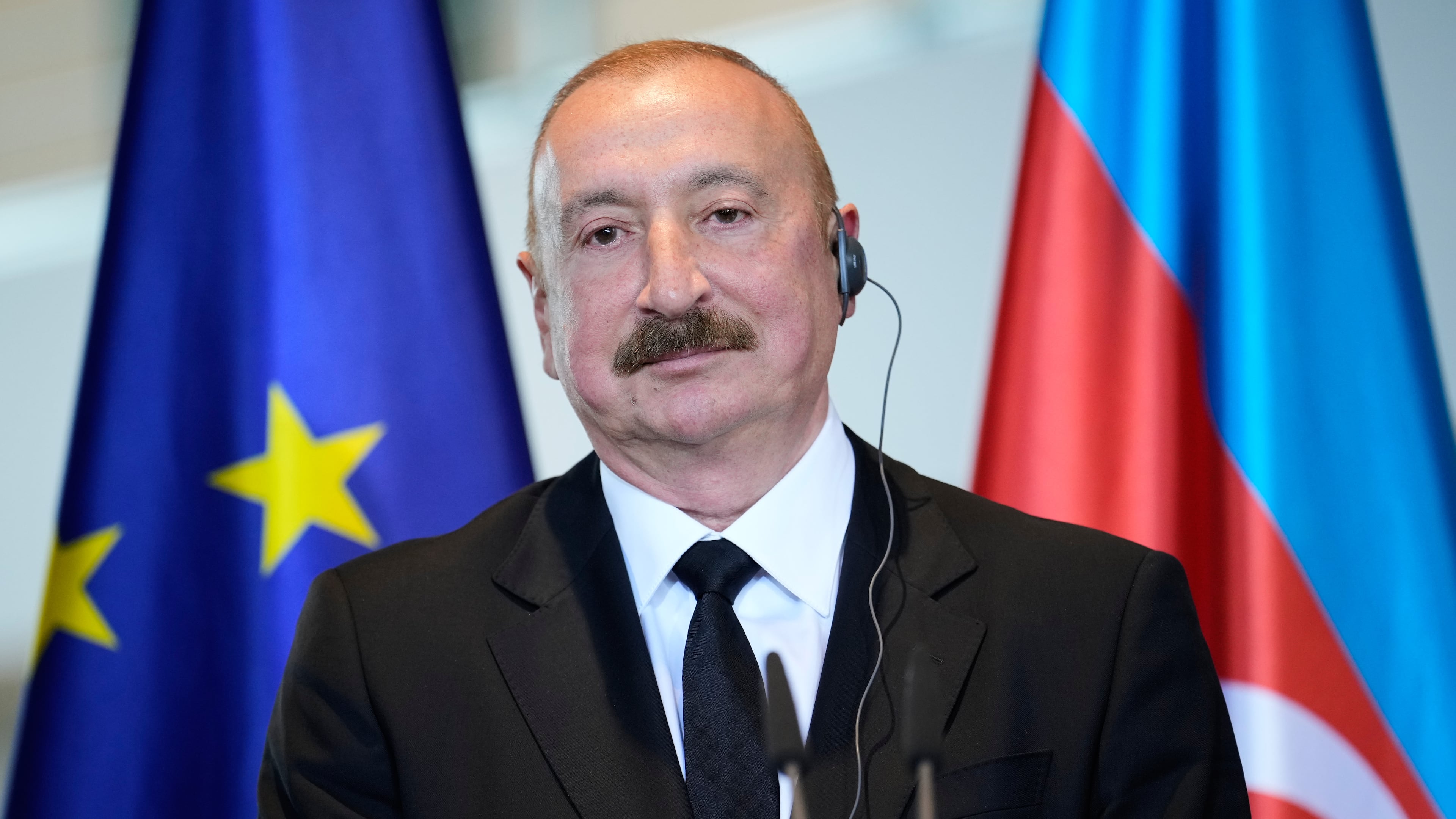 Azerbaijan' president Ilham Aliyev attends a news conference after a meeting with German chancellor Friedrich Merz in Berlin, Germany, Tuesday, July 21, 2026. (AP Photo/Ebrahim Noroozi)