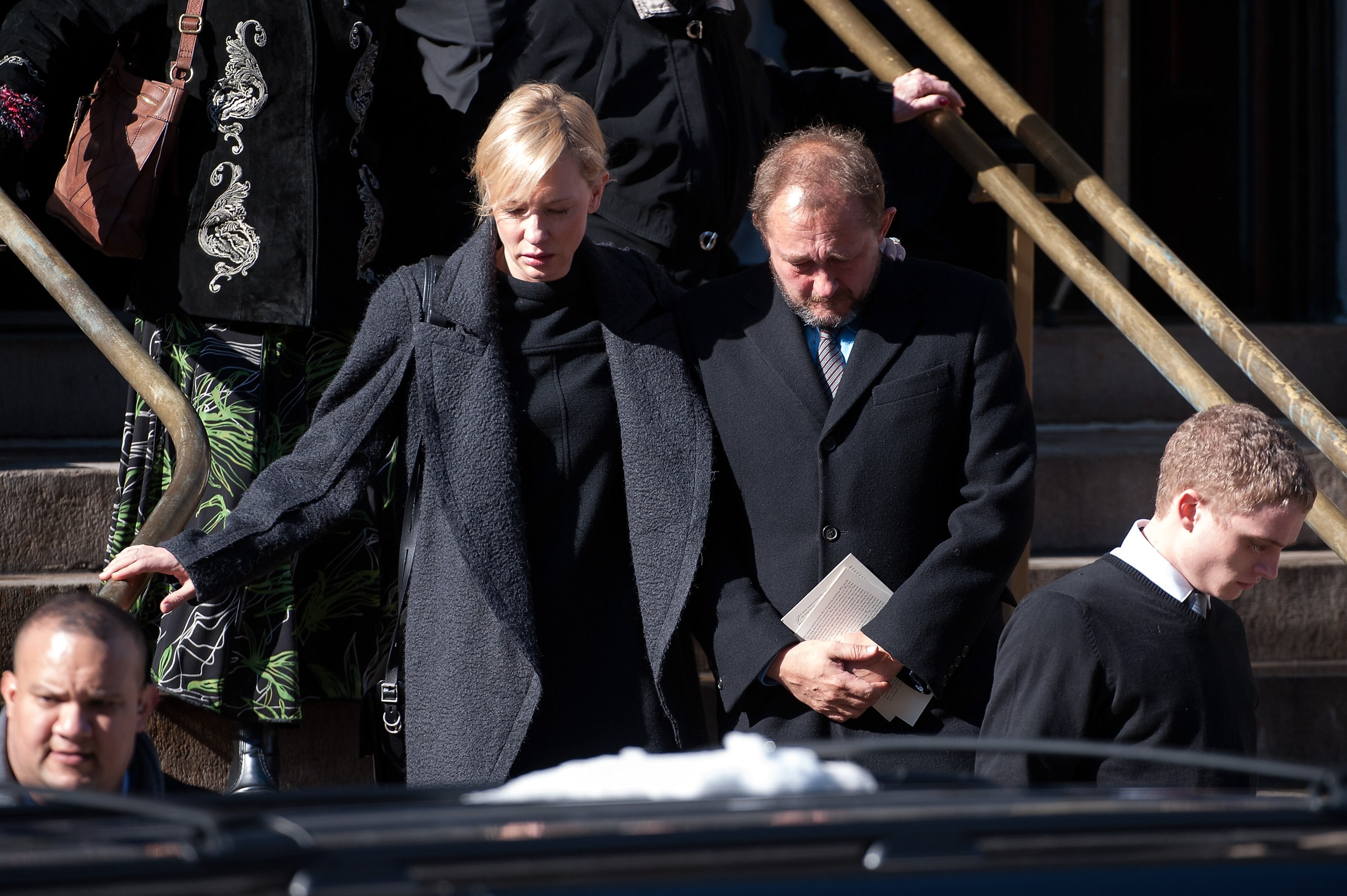Cate Blanchett (L) is seen leaving the funeral service for actor Philip Seymour Hoffman at St. Ignatius Of Loyola on February 7, 2014 in New York City. Hoffman died of an alleged drug overdose on February 1, 2014. (Photo by D Dipasupil/Getty Images)