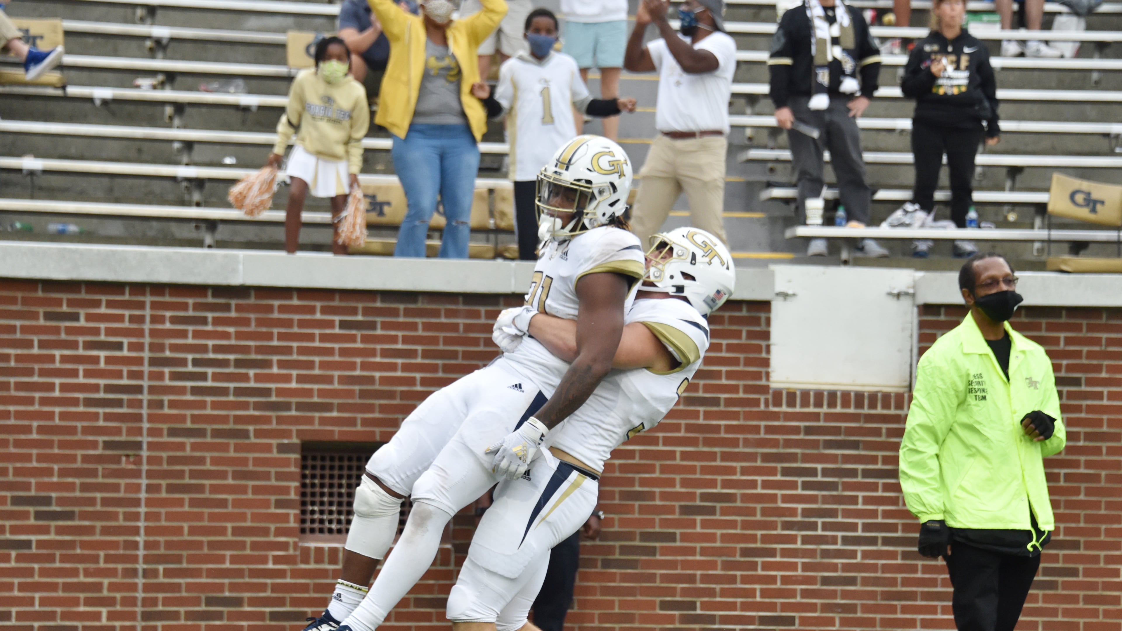 September 19, 2020 Atlanta - Georgia Tech's running back Jahmyr Gibbs (21) is celebrated by Georgia Tech's long snapper and tight end Jack Coco (34) during the second half of an NCAA college football game at Georgia Tech's Bobby Dodd Stadium in Atlanta on Saturday, September 19, 2020. UCF won 49-21 over the Georgia Tech. (Hyosub Shin / Hyosub.Shin@ajc.com)