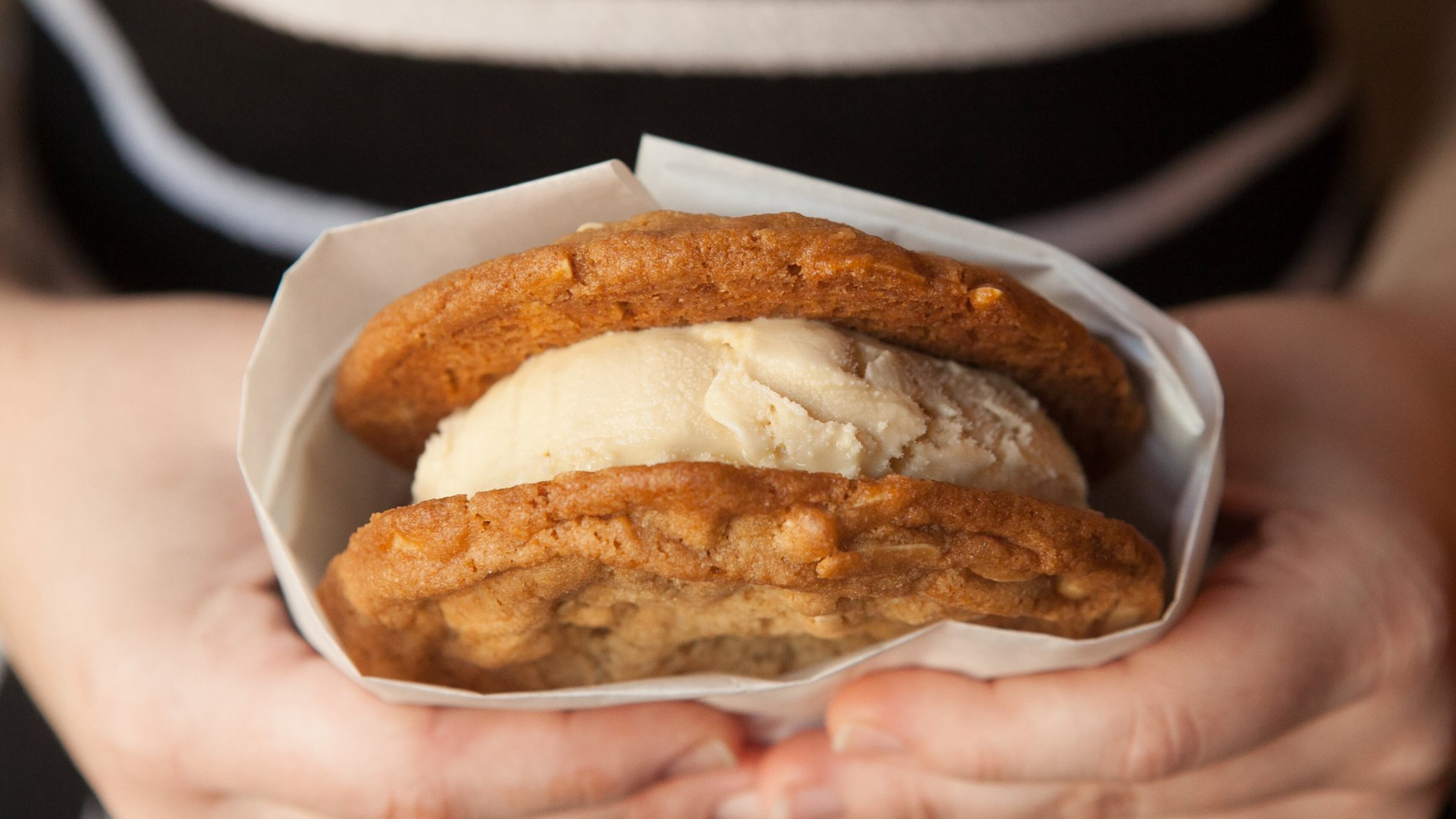 This beautiful ice cream sandwich at Butter & Cream in Decatur is made with two Brown Sugar Almond cookies and Salted Butterscotch ice cream (styling by Sally Williams and Henryk Kumar) (Photography by Renee Brock/Special)