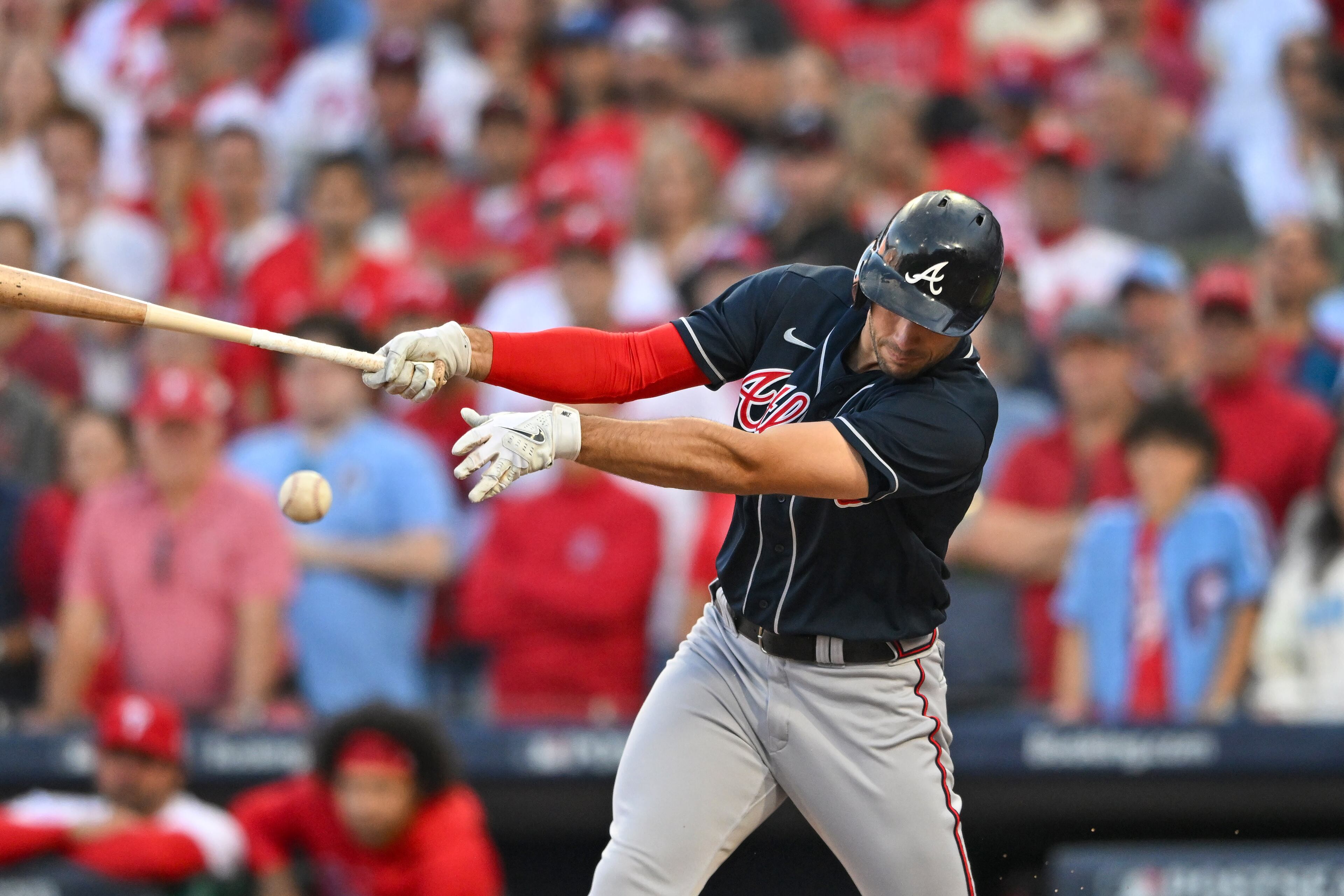 Atlanta Braves first baseman Matt Olson (28) singles against the Philadelphia Phillies during the first inning of NLDS Game 3 in Philadelphia on Wednesday, Oct. 11, 2023. (Hyosub Shin / Hyosub.Shin@ajc.com)
